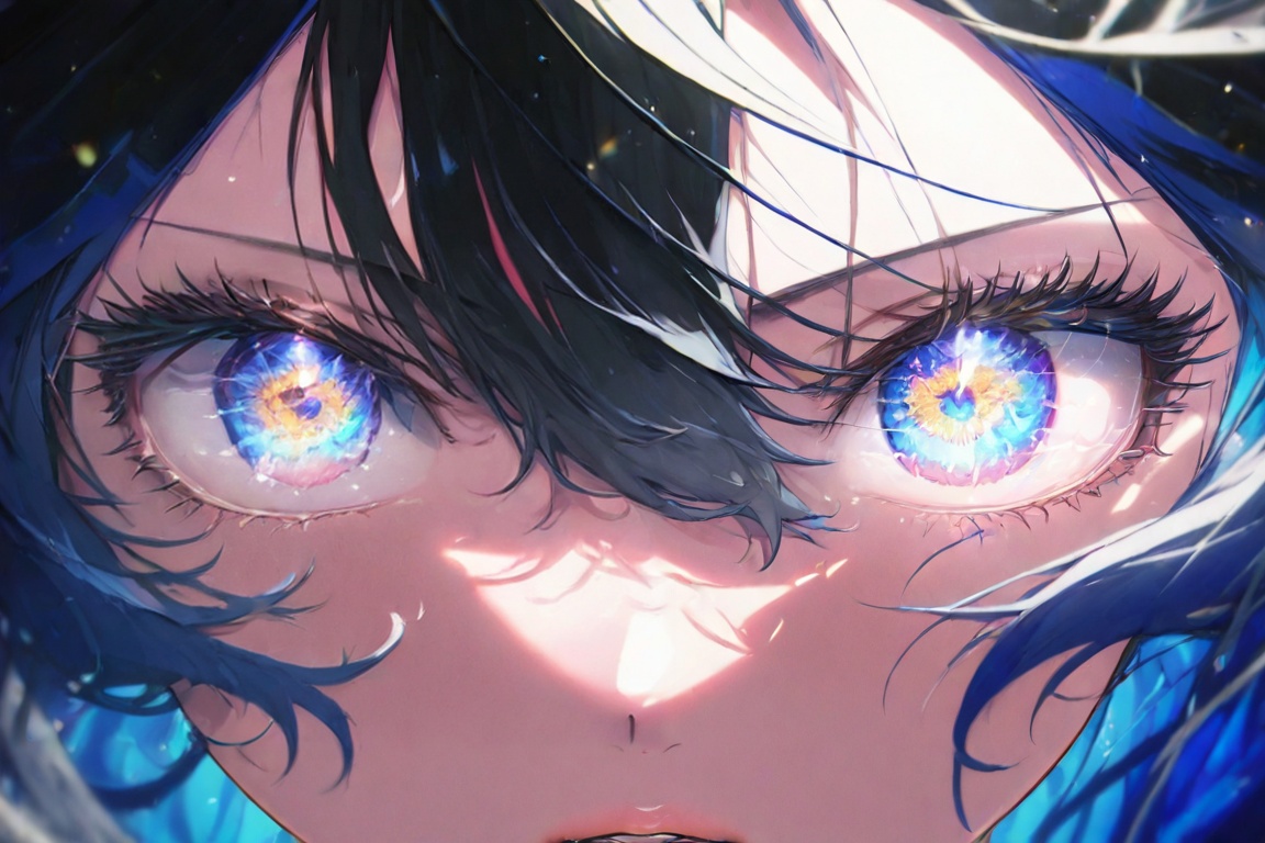 1girl,solo,multicolored eyes,light_eyes,close-up,looking at viewer,hair between eyes,eye focus,parted lips,eyelashes,blue hair,portrait,black hair,lips,beautiful detailed eyes,<lora:Insula Avallonis眼睛:1>,