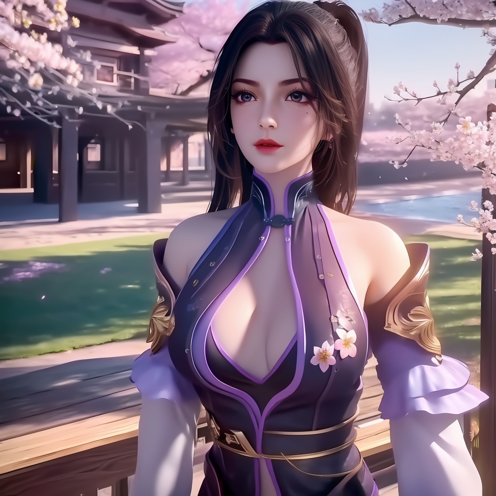 <lora:779-DA-绝世战魂-楚云:0.8>, (,1girl, ,best quality, ),looking at viewer,  ultra detailed background,ultra realistic 8k cg,ultra detailed 8k cg,masterpiece,upper body,  (( , )),, ,science fiction,mole, ultra realistic 8k cg, ,    ,outdoors, sun,sunlight, cherry blossoms,      (cleavage),,  (),