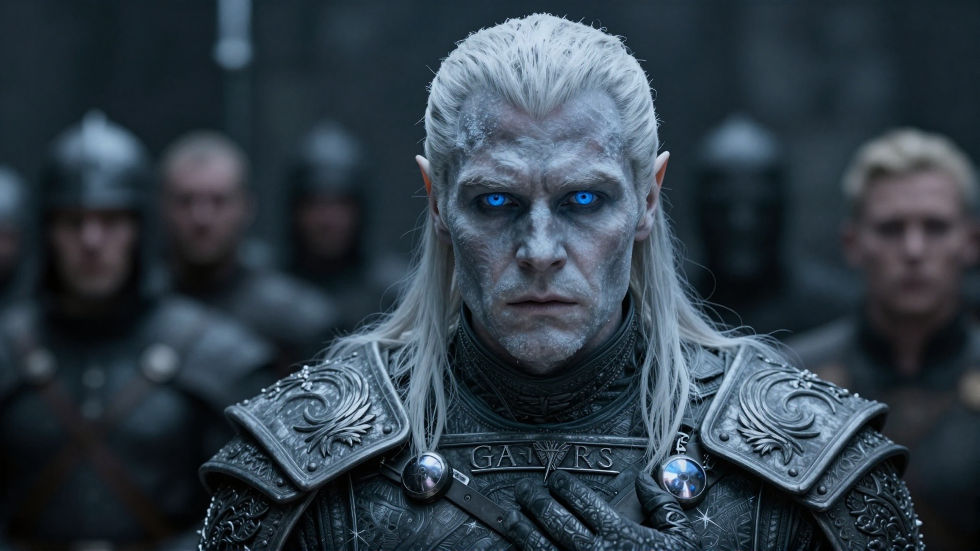cinematic film still of In medieval times Night King White Walker a frozen man with blue eyes and a white face,  solo,  lo...