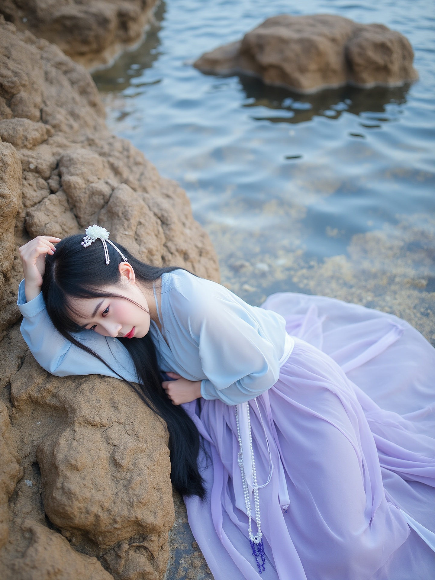 The photograph captures a serene scene of a young woman with a delicate, ethereal quality. She is lying on a rugged, textured rock formation near a tranquil, shallow sea. The woman is of East Asian descent, with long, straight black hair adorned with a floral hairpiece. Her face is turned towards the camera, her eyes closed, and her expression peaceful. She is dressed in a traditional Chinese outfit, featuring a sheer, light blue blouse and a flowing, lavender skirt with intricate, beaded embellishments. The fabric of her attire is translucent, allowing glimpses of her pale skin. Her right hand is resting on the rock, while her left hand is tucked under her head. The background consists of the rippling water and more rocky formations, creating a sense of natural beauty and tranquility. The photograph is taken with natural light, enhancing the ethereal, dreamlike atmosphere.
