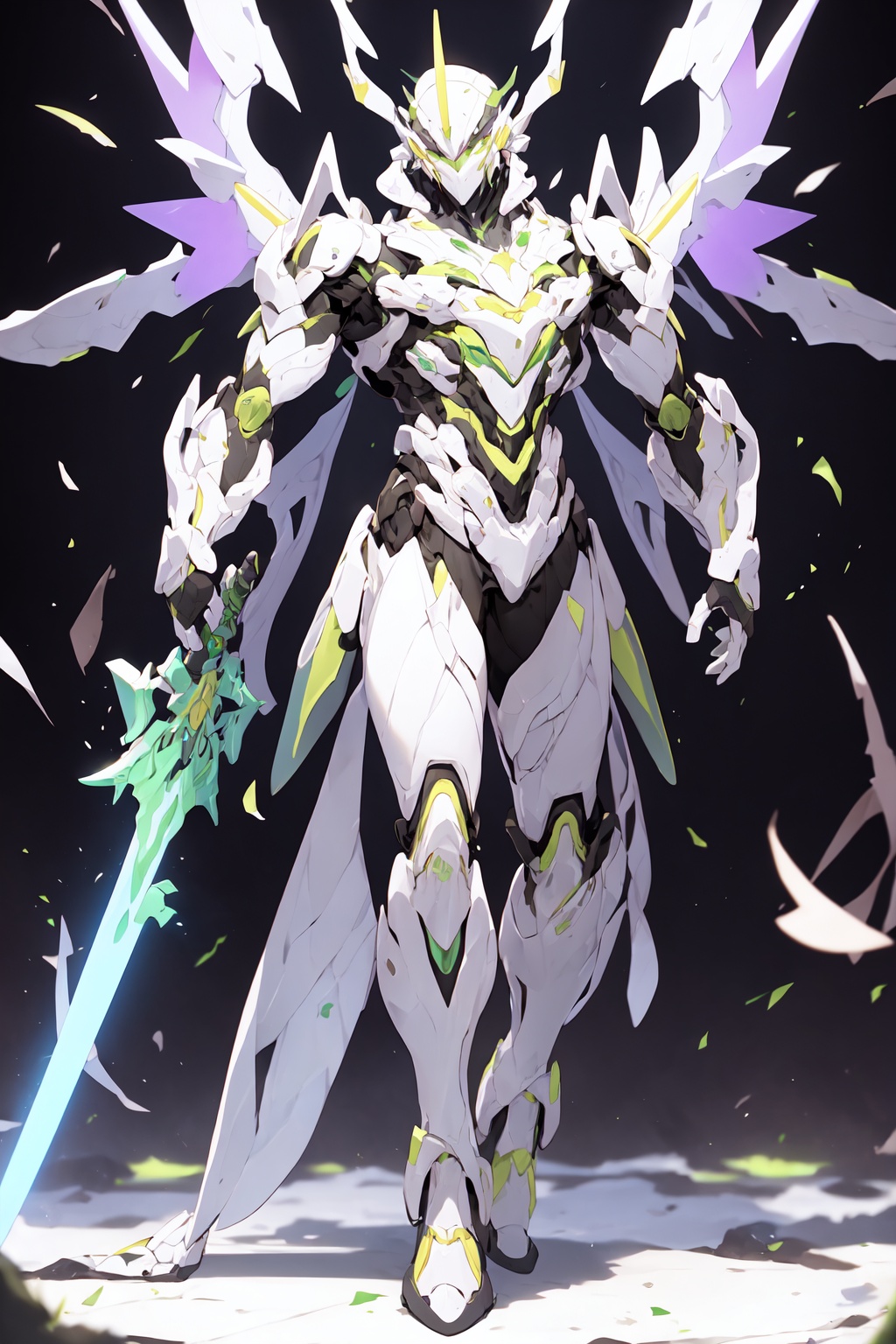 AaaTi,<lora:Asuoo02:0.62>,full body,white suit,glowing,mecha,holding sword,glowing wings