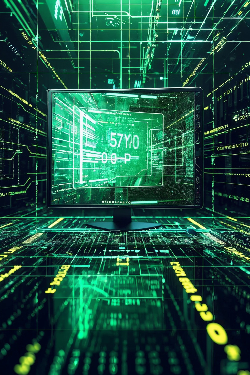 sdmai,Data streams,abstract art,binary code,cyberspace,Green theme,computer,<lora:SDMAI数字抽象线性艺术:0.75>,