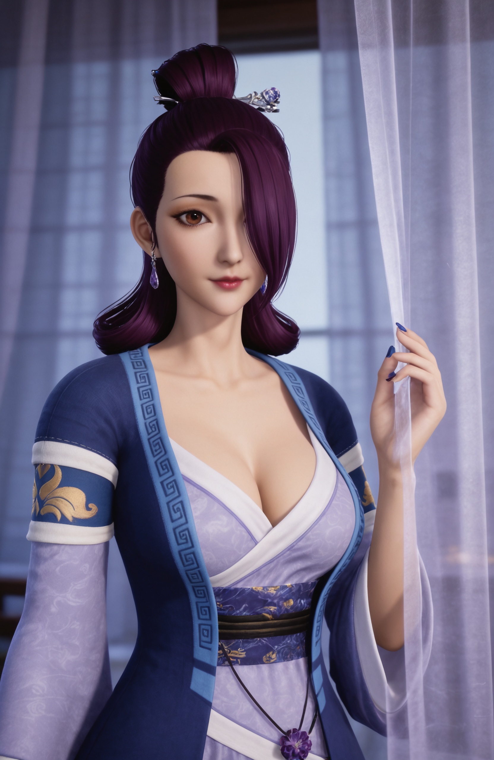 1girl, solo,  closed mouth, jewelry, upper body,  leaf,  curtains,  realistic <lora:妖神记-杨欣Pony:0.7> 1girl, purple hair, hair stick, long hair, hair over one eye, brown eyes, hair bun, hair ornament, single hair bun, chinese clothes, dress, large breasts, cleavage, long sleeves, nail polish,shoes,, realistic style photo,outstanding style,adding a touch of dimension to your images without compromising details,whirls of vapor,ethereal ambiance,delicate details,magical atmosphere,concept art,highly detailed,ultra-high resolution,32K UHD,sharp focus,best-quality,masterpiece,golden hour,unconventional supreme masterpiece,masterful details,temperate atmosphere,with a high-end texture,in the style of fashion photography,magazine style,Dynamic Angle,Dynamic posture,(cowboy_shot:1.2),depth of field,lens flare,extreme aesthetic,masterpiece,best quality,good quality,newest,year 2025,very aesthetic,absurdres,Visual impact,A shot with tension,ultra-high resolution,32K UHD,sharp focus,best-quality,masterpiece,Emotionalization,unconventional supreme masterpiece,masterful details,temperate atmosphere,with a high-end texture,in the style of fashion photography,(Visual impact:1.2),giving the poster a dynamic and visually striking appearance,