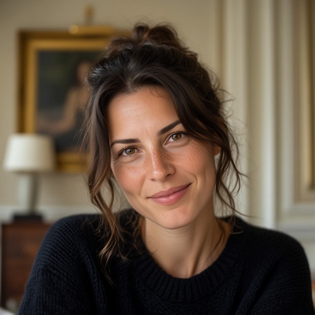 An ultra-realistic,  highly-detailed close-up photograph capturing the face of a woman,  a natural brunette with abundant...