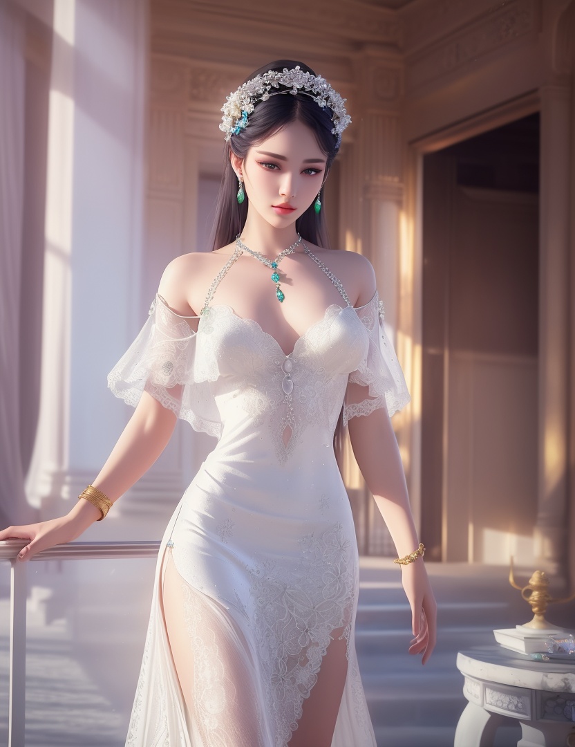 ultra realistic 8k cg, picture-perfect face, flawless, clean, masterpiece, professional artwork, famous artwork, cinematic lighting, cinematic bloom, perfect face, beautiful face, fantasy, dreamlike, unreal, science fiction,  beautiful clothes, lace, lace trim, lace-trimmed legwear,  (rich:1.4), prestige, luxury, jewelry, diamond, gold, pearl, gem, sapphire, ruby, emerald, intricate detail, delicate pattern, charming, alluring, seductive, erotic, enchanting, hair ornament, necklace, earrings, bracelet, armlet,halo((,1girl, pov,))(((,  1girl,  solo,looking at viewer, ))),(((1girl, solo, dress, white_dress, jewelry)))<lora:DA_WhiteSnakeGreenSnake:0.7>