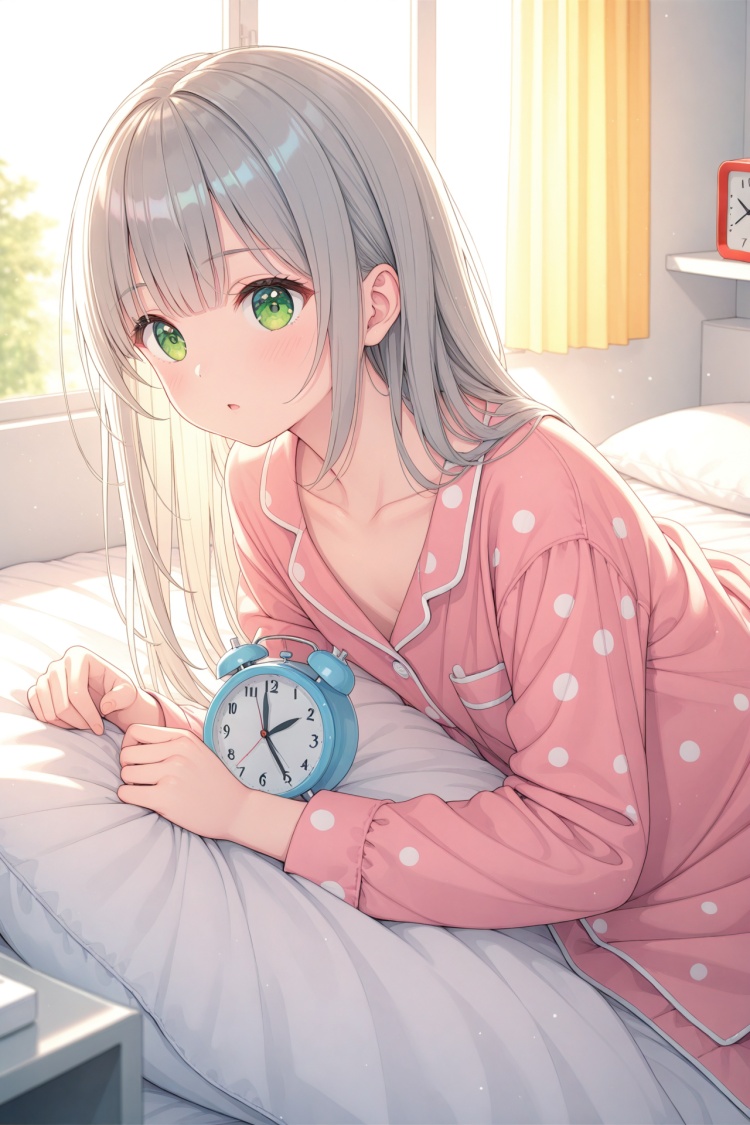 (masterpiece),(best quality),illustration,ultra detailed,hdr,Depth of field,(colorful),loli,1girl,clock,solo,alarm clock,under covers,green eyes,bed,long hair,pillow,indoors,sunlight,curtains,pajamas,grey hair,blanket,window,collarbone,bangs,