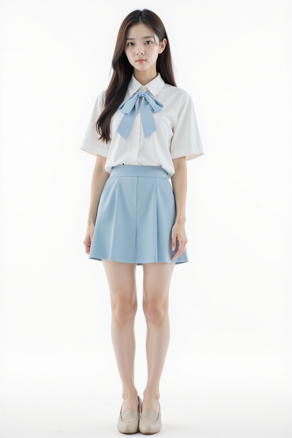 A young woman stands. She wears a white short-sleeved collared shirt paired with a light blue tie that has a bow at the co...