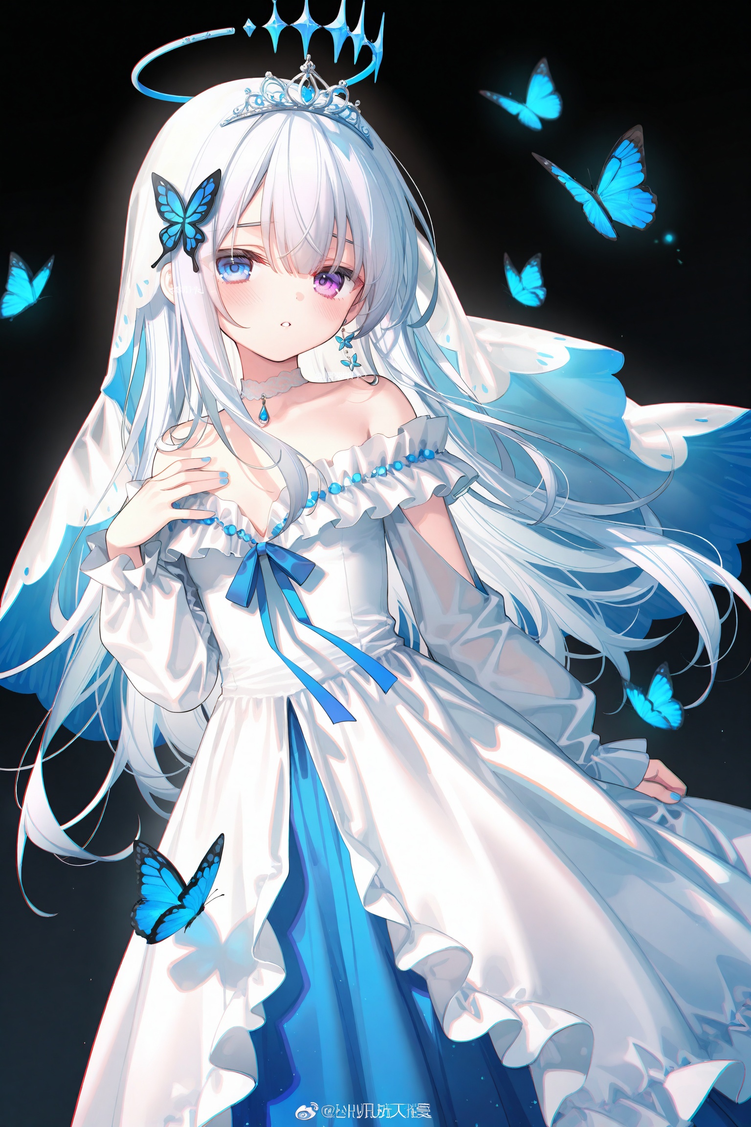 masterpiece,absurdres,best quality,petite,high quality,chromatic_aberration,loli,//,1girl,bug,blue butterfly,butterfly,dress,solo,weibo username,weibo logo,white dress,white hair,watermark,blue eyes,black background,long hair,looking at viewer,off-shoulder dress,heterochromia,purple eyes,hand on own chest,sample watermark,tiara,off shoulder,butterfly hair ornament,long sleeves,choker,long dress,frilled dress,halo,blue nails,white veil, /,artist:ciloranko,artist:suimya,artist:muririn,artist:peas0125,artist:sho_(sho_lwlw),artist:tianliang_duohe_fangdongye,artist:eip (pepai),artist:rukako,artist:toosaka_asagi,artist:ask(askzy)