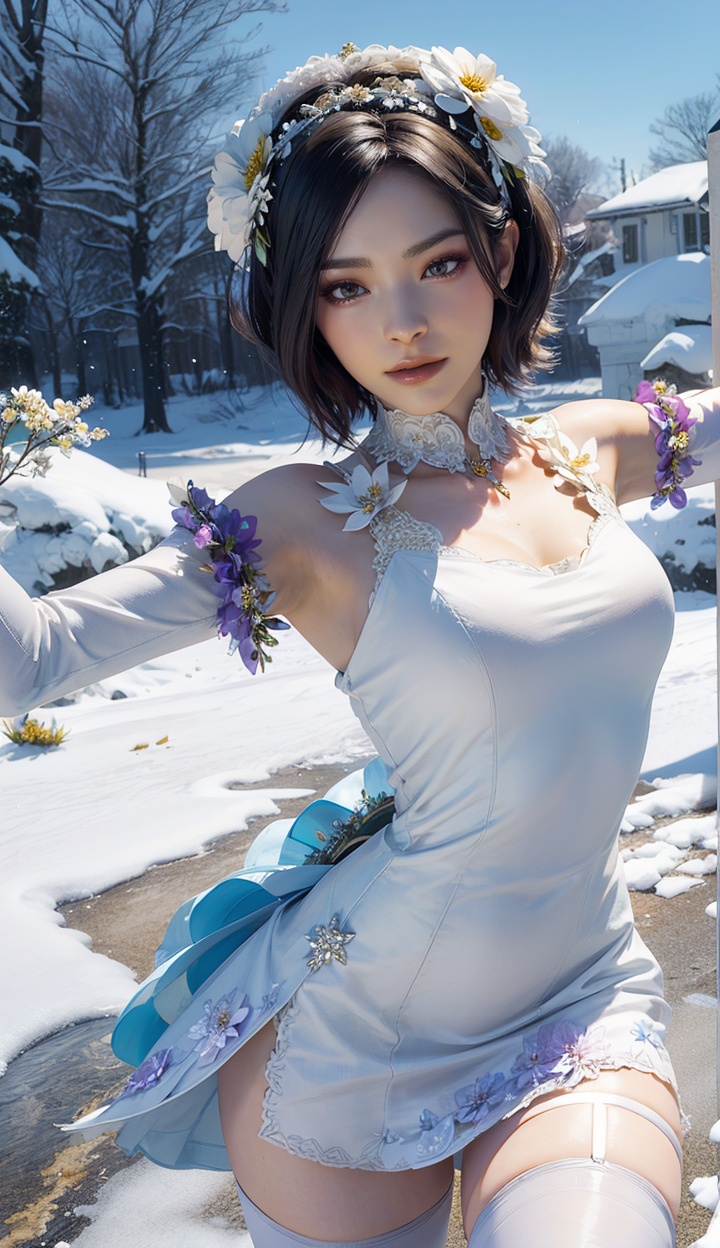masterpiece,highres,1girl,solo,sfw,<lora:add_detail:0.3>,thighhighs,((beautiful Dress+stocking):1.25),((flower headdress:1.45)),((white theme:1.5)),snow,outdoors,snowflakes,sleeveless,3D graphics,looking_at_viewer,front view,dynamic pose,ada wong,<lora:adawongre4r-000005:0.7>,