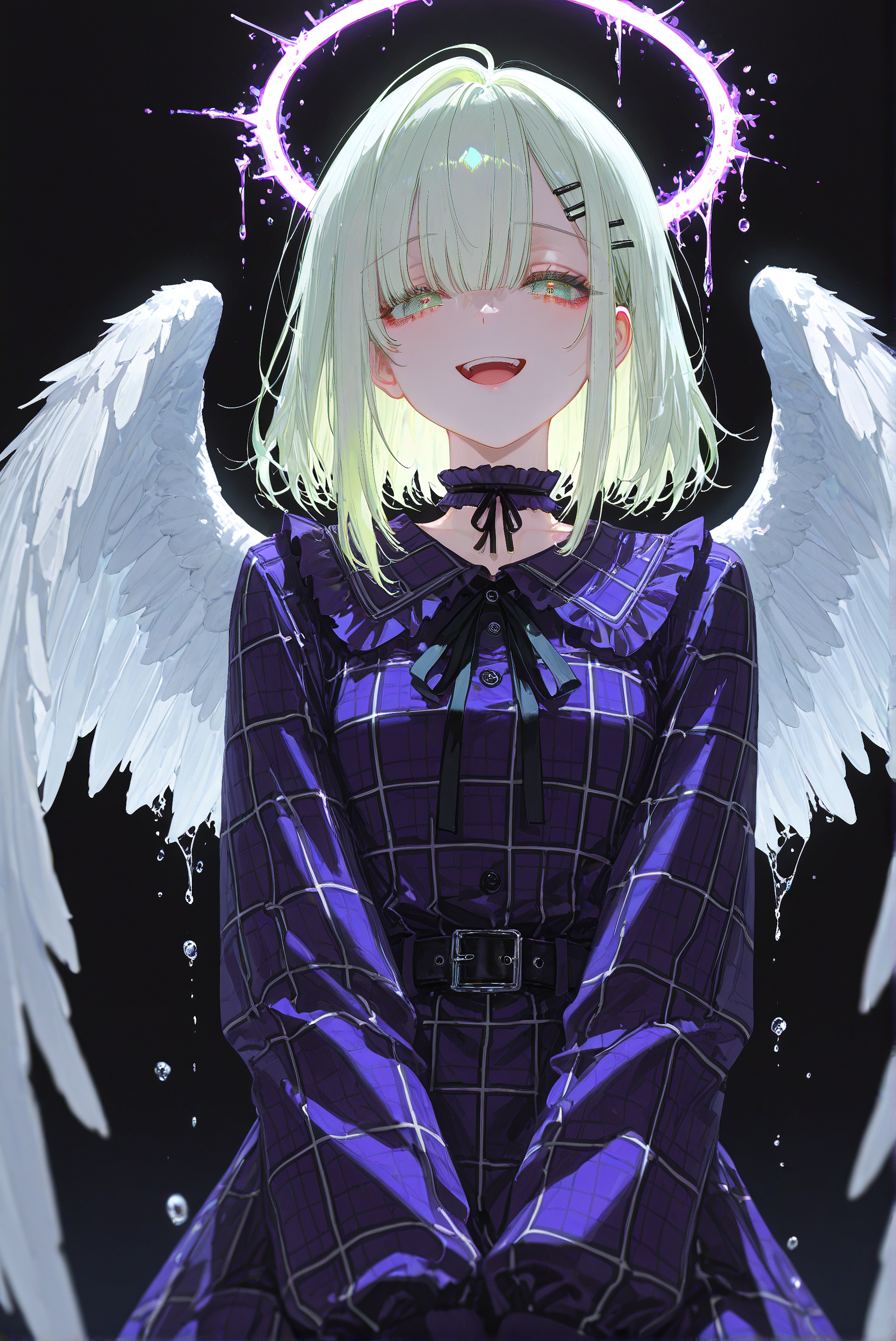 ,wakaba mutsumi,1girl,solo,wakaba mutsumi,light green hair,platinum blonde hair,hairclip,halo,angel wings,dark background, purple dress,plaid dress,frilled collar,neck ribbon,choker,belt,blue dress,long sleeves, upper body,open mouth,smile,v arms, //,depth of field,(artist:quasarcake:0.8),extreme aesthetic,(wlop:0.6),wanke,rella,masterpiece,best quality,newest,very aesthetic,absurdres,best quality,masterpiece,(Visual impact:1.2),impactful picture,splash of color,movie perspective,masterpiece,best quality,amazing quality,very aesthetic,absurdres,best quality,very aesthetic,masterpiece,Emotionalization masterpiece,unconventional supreme,masterful details,