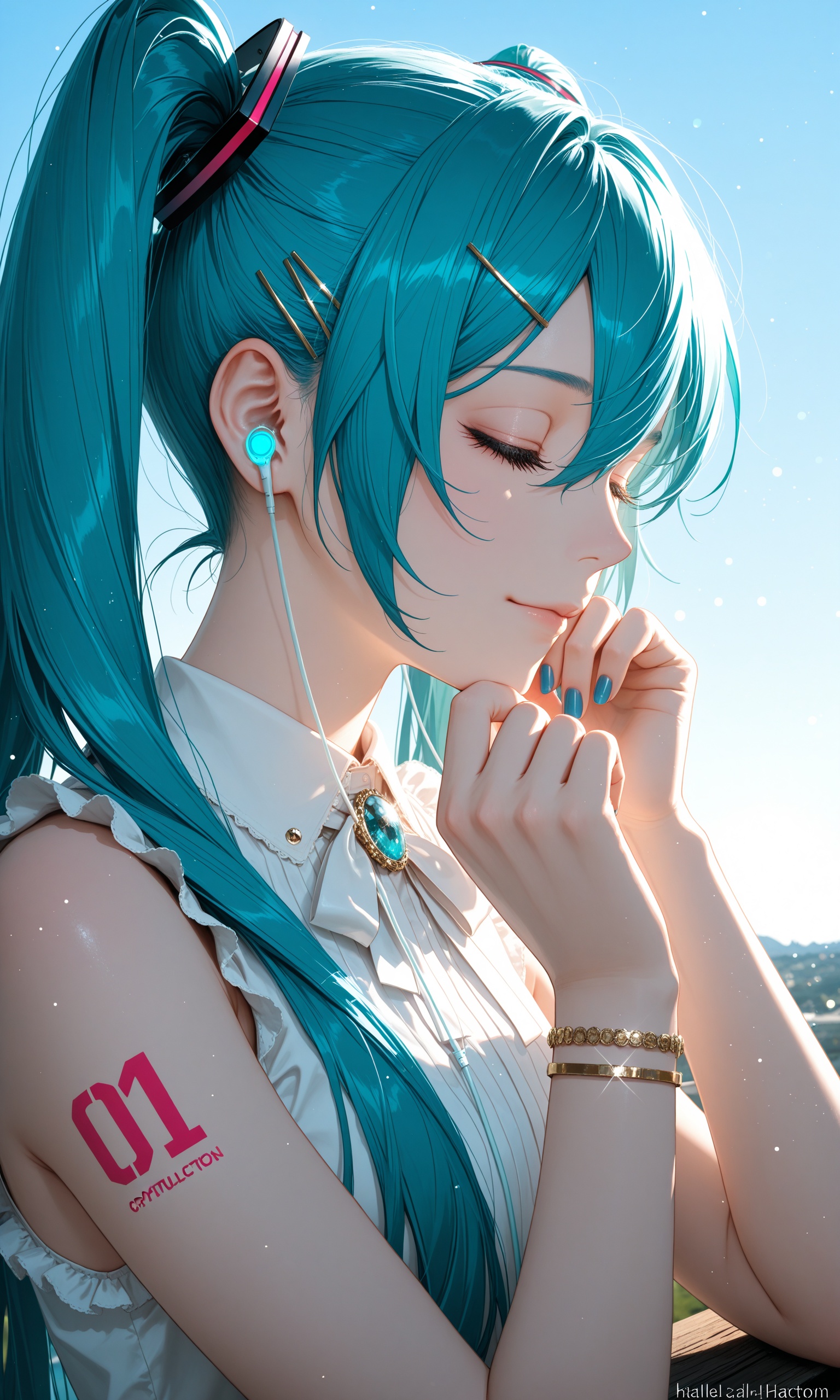 masterpiece,best quality,amazing quality,absurdres,newest,light particles,cinematic lighting,Visual impact,sharp focus,depth of field,dutch angle,scenery,rella,crypton future media,piapro,vocaloid,hatsune miku,1girl,bare shoulders,blue hair,blue nails,blue sky,bracelet,brooch,close-up,closed eyes,closed mouth,day,earbuds,earphones,eyelashes,fingernails,frills,from side,glint,hair between eyes,hair ornament,hairclip,hand on own chin,hands up,head rest,jewelry,light particles,light smile,long eyelashes,long hair,neck ribbon,number tattoo,outdoors,product placement,profile,ribbon,shirt,shoulder tattoo,sky,sleeveless,sleeveless shirt,solo,sunlight,tattoo,twintails,upper body,web address,white ribbon,white shirt,wireless earphones,x hair ornament,