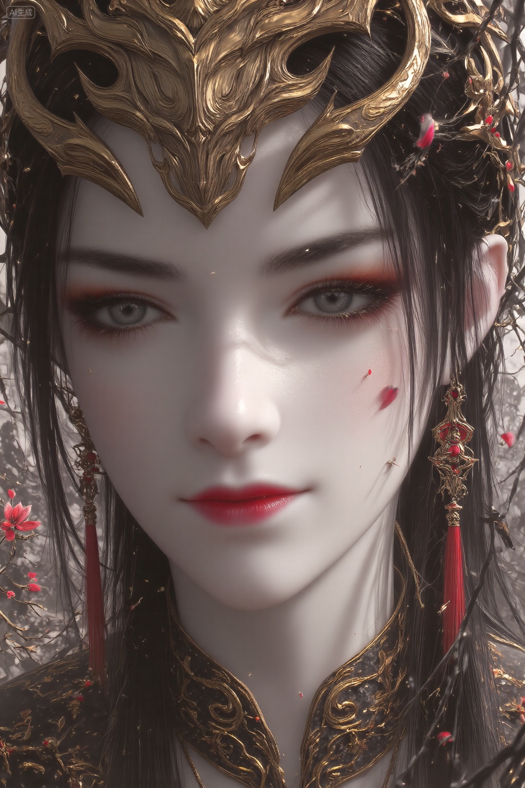 A highly detailed CGI image of a pale-skinned woman with long black hair, adorned with a golden, ornate crown and matching jewelry. Her piercing blue eyes and red lips stand out against her fair complexion. The background is blurred, focusing attention on her serene, almost ethereal expression., The scene is a serene ancient Chinese courtyard captured in a low-angle wide shot,where raindrops dynamically splash against stone pathways and lotus ponds in the foreground,creating ripples that reflect the soft glow of lanterns. The middle ground features traditional wooden pavilions with upturned eaves,their surfaces glistening under the rain,while wisps of mist drift between stone pillars and bonsai trees. In the background,beams of light pierce through the rain curtain,creating a Dramine effect that highlights the rain's texture and depth. The sky is a deep,moody gray,contrasting with the warm amber light spilling from paper lanterns,which casts elongated shadows and illuminates cascading rain in the air. The crimson petals of plum blossoms mingle with raindrops,adding vibrant splashes of color against the monochrome backdrop,, ((The background is a soft,ethereal blend of white and gray)),with delicate branches and flowers. The style is realistic with a touch of fantasy.,, Negative prompt: ng_deepnegative_v1_75t,(badhandv4:1.2),EasyNegative,(worst quality:2),,nsfw, Steps: 30, Sampler: DPM++ 2M, CFG scale: 3.5, Seed: 3109925554, Size: 1024x1536, Model hash: 062dad72b2, Model: 麦橘超然majicFlus_v1.safetensors, Denoising strength: 0, RNG: CPU, Lora 1: 20250821-1755788133194-0010, Lora Hash 1: f8bdbaa688, Lora Weight 1: 1.05, Lora 2: 《墨染冥照》|古风插画|唯美意境画风系列, Lora Hash 2: 0c05ef6259, Lora Weight 2: 0.75, Controlnet 0: "preprocessor: depth_anything, model: InstantX-FLUX.1-dev-Controlnet-Union-Pro-2.0, weight: 0.6, starting/ending: (0.0, 0.6), resize mode: Crop and Resize, pixel_perfect: False, control mode: Balanced, preprocessor params: (512, None, None)", vae_name: automatic