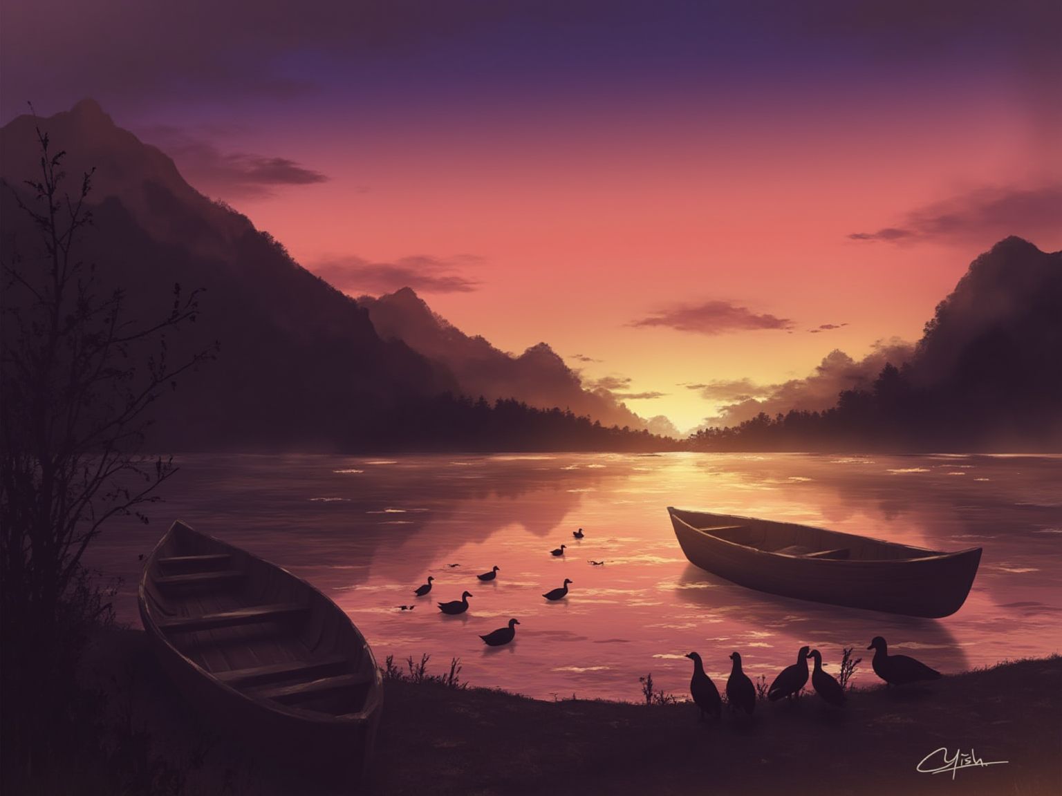 This digital artwork portrays a serene mountain lake at sunset. The lake's surface is calm, reflecting the surrounding peaks and the vibrant colors of the sky. A wooden boat is moored near the shore, and a family of ducks swims nearby. The sky is ablaze with oranges and reds, with a few wispy clouds adding texture to the scene. The illustration evokes a feeling of peace and the beauty of nature's quiet moments <lora:S_BLACKGROUD_:1>