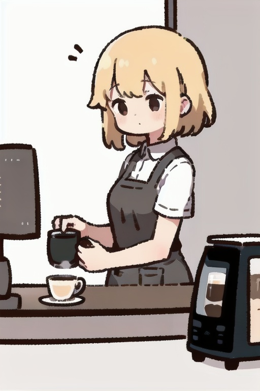 1girl, making coffee, in the cafe, cashier, coffee machine, cute,