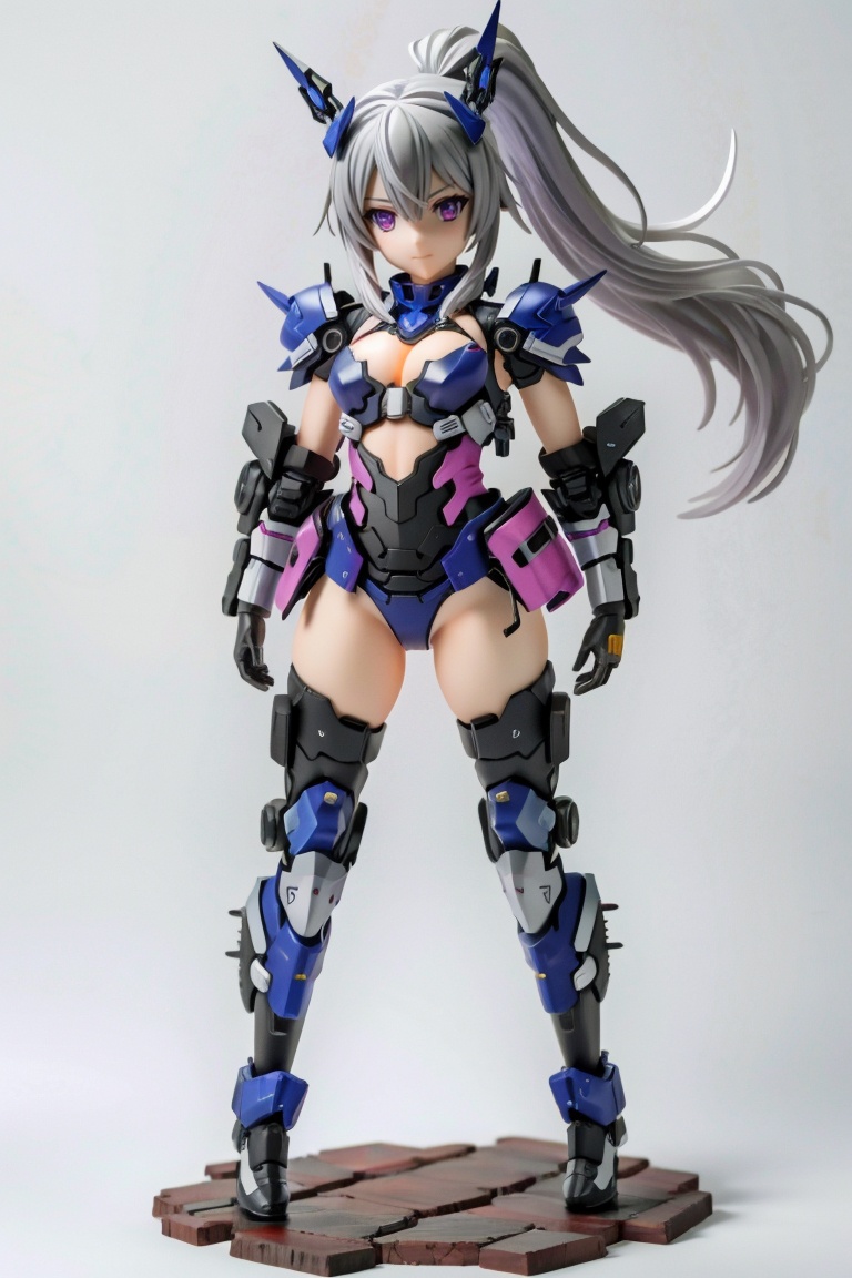 ((HRD, HUD, 8K)),((masterpiece, best quality)), highly detailed, soft light,Mecha, 1girl, solo, grey background, mecha musume, long hair, glowing, full body, grey hair, armor, ponytail, looking at viewer, bangs, pink eyes, headgear, thighhighs, fighting stance, simple background, purple eyes, gloves, closed mouth, high heels, science fiction,﻿﻿﻿ <lora:20240427-1714184585124:0.8>