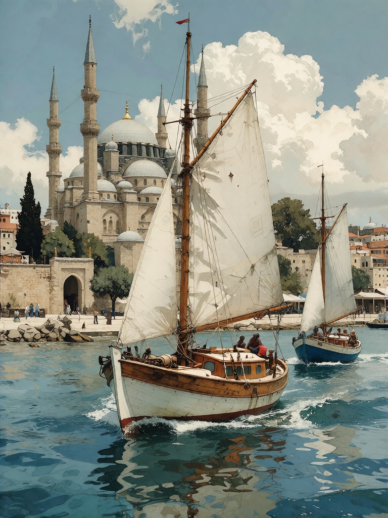Bradhamel art style. A serene coastal scene featuring two traditional sailing boats gliding across calm blue waters,  with...