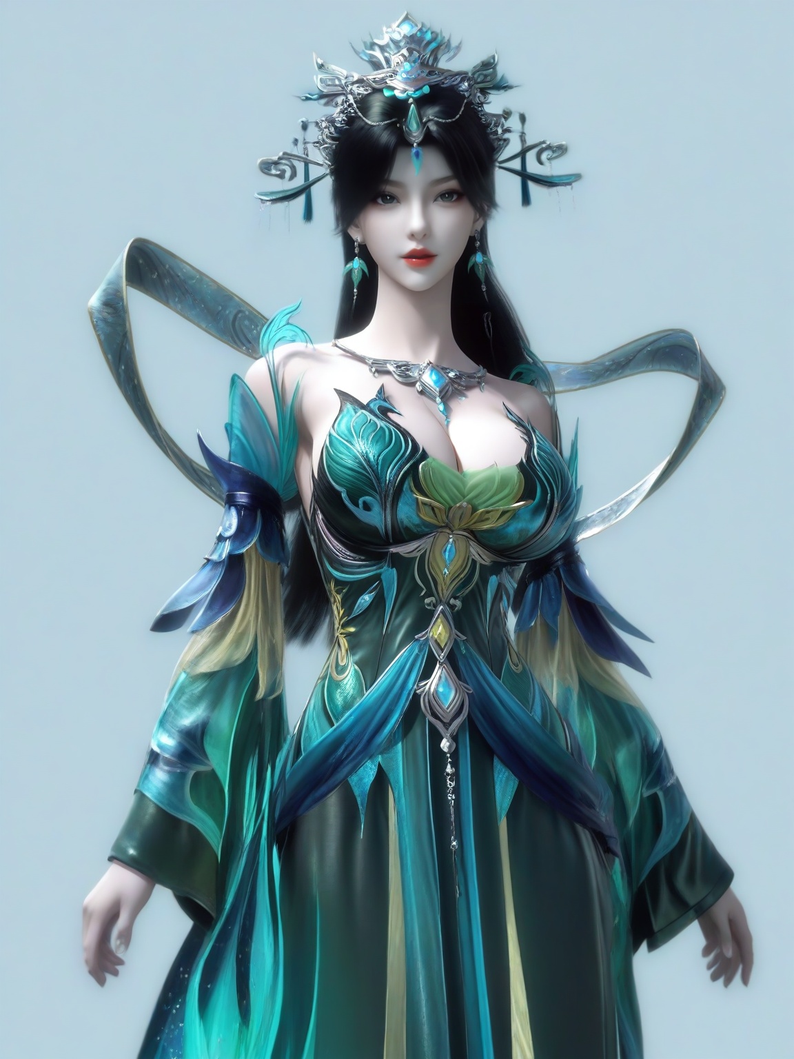 score_9,1girl,solo,dress,long hair,standing,long hair,black hair,earrings,hair ornament,bangs,green dress,detached sleeves,large breasts,standing,lipstick,upper body,looking at viewer,simple background,<lora:SF_YanQingFei_Pony_Realism2.3-000003:0.7>,