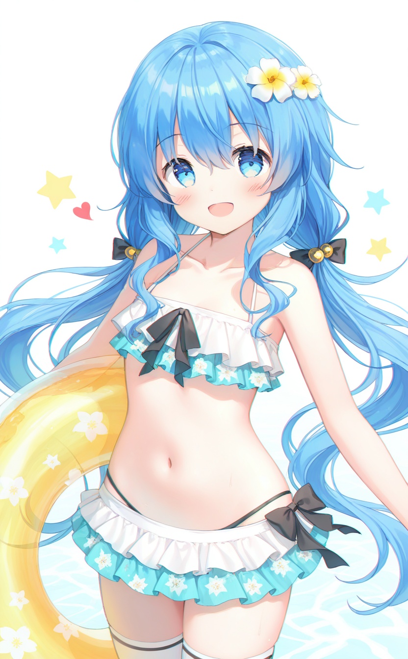 <lora:swimsuit-yoshino:0.8>,<lora:guizhencao-style:0.2>,guizhencao style,swimsuit yoshino, absurdres, best quality, chromatic_aberration, high quality, masterpiece, starry background, 1girl, solo, blue eyes, blue hair, very long hair, hair bow, hair flower, hair ornament, heart, :d, blush, looking at viewer, open mouth, smile, navel, bare arms, bare shoulders, bikini, bikini, black bow, bow, collarbone, frilled bikini, print bikini, star \(symbol\), swimsuit, swimsuit, white bikini, cowboy shot, standing, bikini skirt, thighhighs, floral print, innertube, swim ring