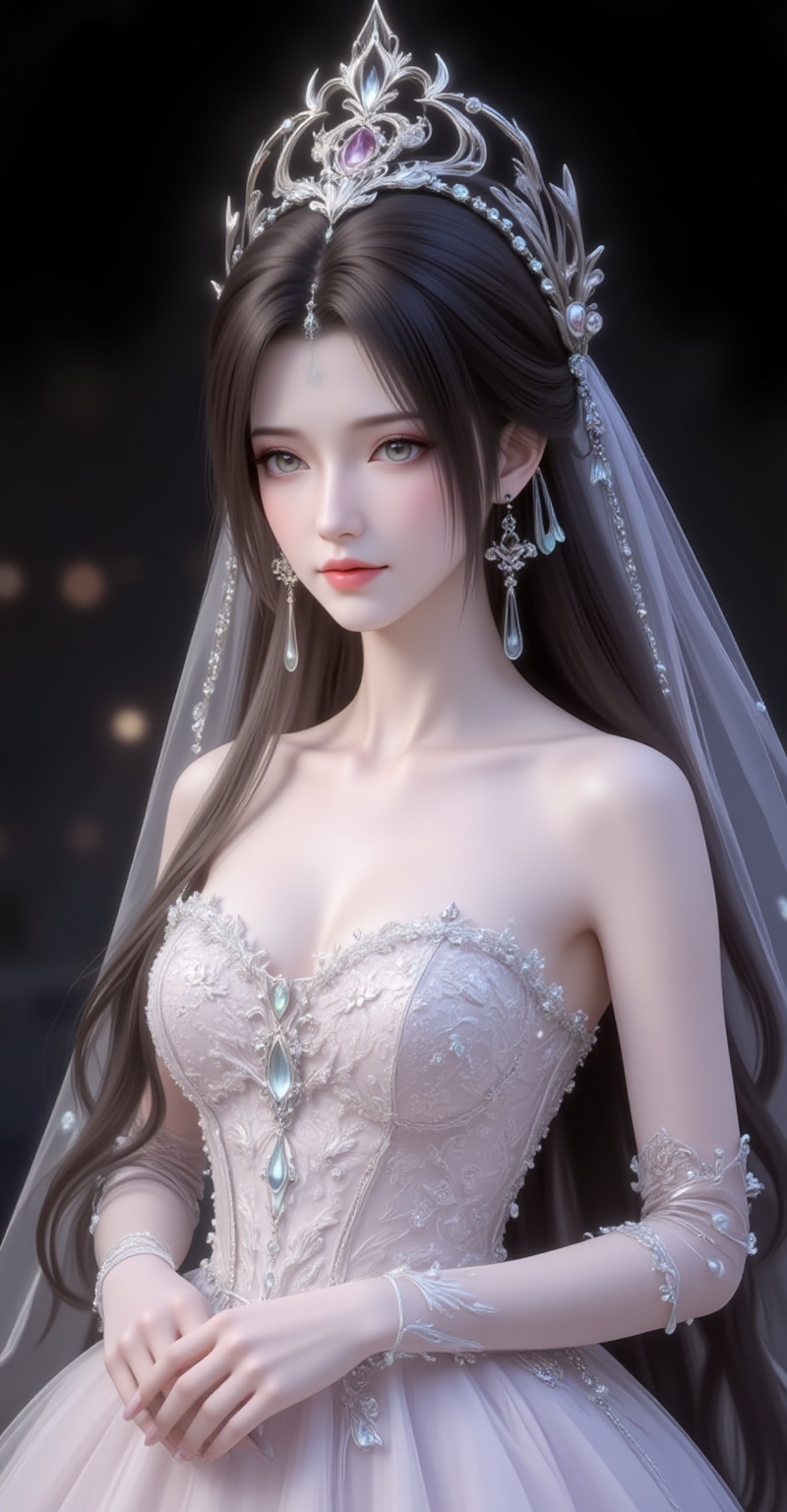 <lora:晚礼服2·人物百搭款5:1.1>,fuzhuang,1girl,solo,dress,long hair,wedding dress,gloves,bare shoulders,elbow gloves,veil,full body,black_background,simple background,cover,gradient background,close-up details,outstanding style,adding a touch of dimension to your images without compromising details,close-up,<lora:DJ滤镜_2.5D版:0.3>,lvjing,<lora:油画唯美滤镜15:0.2>,baoshi,<lora:清漪·衣服百搭款·6:1.1>,qingyi,black hair,long hair,jewelry,earrings,hair_ornament,grey eyes,crown,(large breasts:1.2),