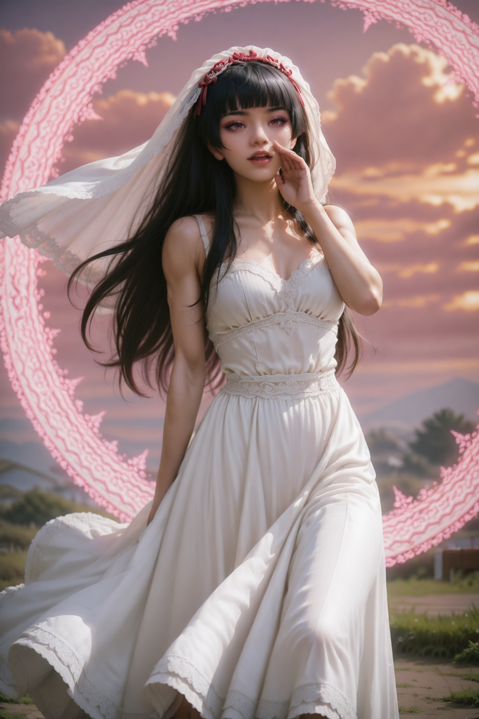 realistic photography,detailed,official wallpaper,.,.,.,1girl,.,<lora:ME:0.9>,art,makeup,feet out of frame,rory mercury,(muscular female:0.9),wind,wedding dress,bridal veil,grass,sunset shimmer \(eg\),cloud,magic circle,ojou-sama pose,, very awa, masterpiece, best quality, highres, absurdres,