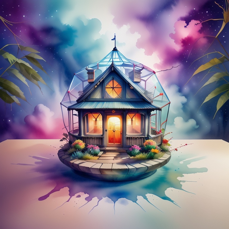 Inspired By tolkien,neon modern transparent hobbit house floating island,amazing quality,masterpiece,best quality,hyper detailed,ultra detailed,UHD,dof,hyper-realism,majestic,awesome,inspiring,a small floating Island: Capture the breathtaking expanse of an immense floating island adorned with transparent translucent Glass foliage,its vines cascading down to the ground below. Rising majestically from the lush glass jungle that envelops an enchanted translucent green round design plastic mansion Adorned with a large Observation Installation. A translucent Fantasy prison designed By franco fontana,transcending into the black ethereal clouds. Infront of a colorful mystical translucent black eerie Galaxy nebula,cinematic composition,soft shadows,national geographic style,cozy light,cinematic lighting,volumetric lighting,Film grain,cinematic film still,shallow depth of field,highly detailed,,<lora:5WaterColorful-000003:0.8>