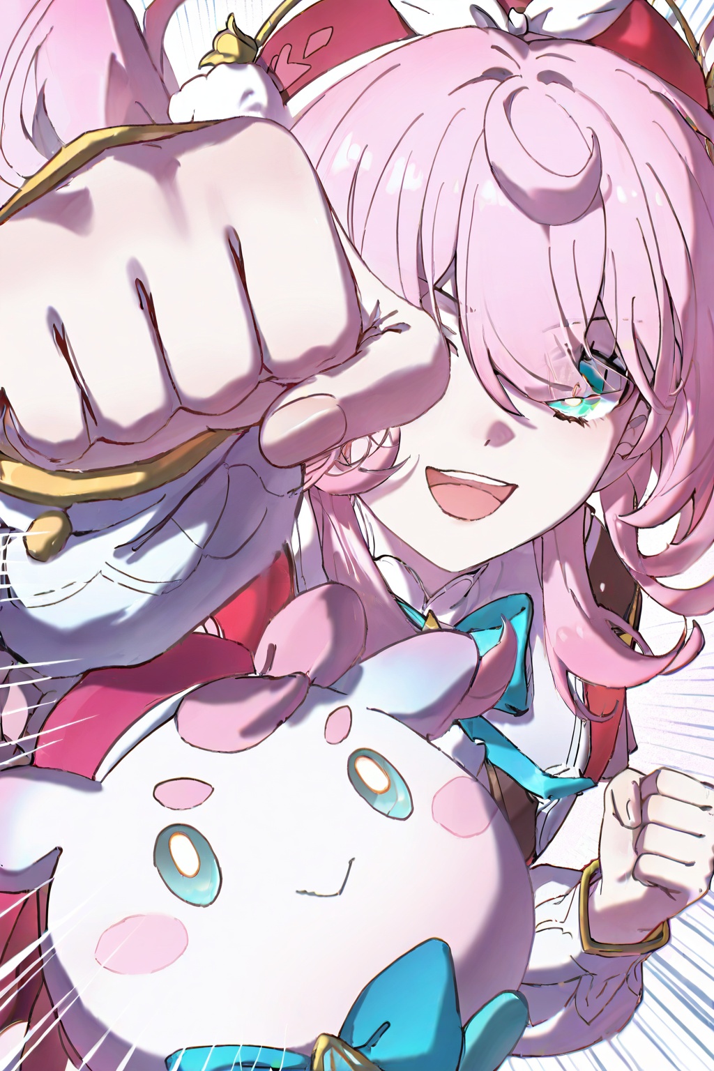 fonnjinn\(honkai:star rail\),gwwj,fonnjinn\(honkai:star rail\),1girl,pink hair,solo,open mouth,hat,emphasis lines,long sleeves,virtual youtuber,smile,punching,red headwear,clenched hand,looking at viewer,aqua eyes,