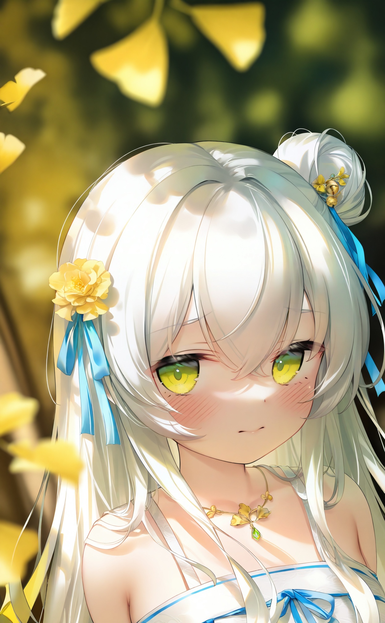 masterpiece,absurdres,best quality,high quality,chromatic_aberration,//,hanfu,1girl,solo,hair_ornament,flower,hair_flower,white_hair,long_hair,green_eyes,hair_bun,looking_at_viewer,leaf,yellow_flower,blurry_background,blurry,ribbon,hair_ribbon,hair_between_eyes,portrait,closed_mouth,yellow_eyes,bell,ginkgo_leaf,blush,single_hair_bun,hair_bell,depth_of_field,upper_body,crossed_bangs,necklace,jewelry,bare_shoulders,blue_ribbon,single_side_bun,looking_to_the_side,white_dress,falling_leaves//,//,official art,depth of field,detailed light,blurry background,best shadow,shiny skin,cinematic lighting,ray tracing,amazing quality,very aesthetic,absurdres,beast quality,ultra detailed,newest,8K,HDR,//,//,<lora:鬼针草—【CKXL】hans:1>,