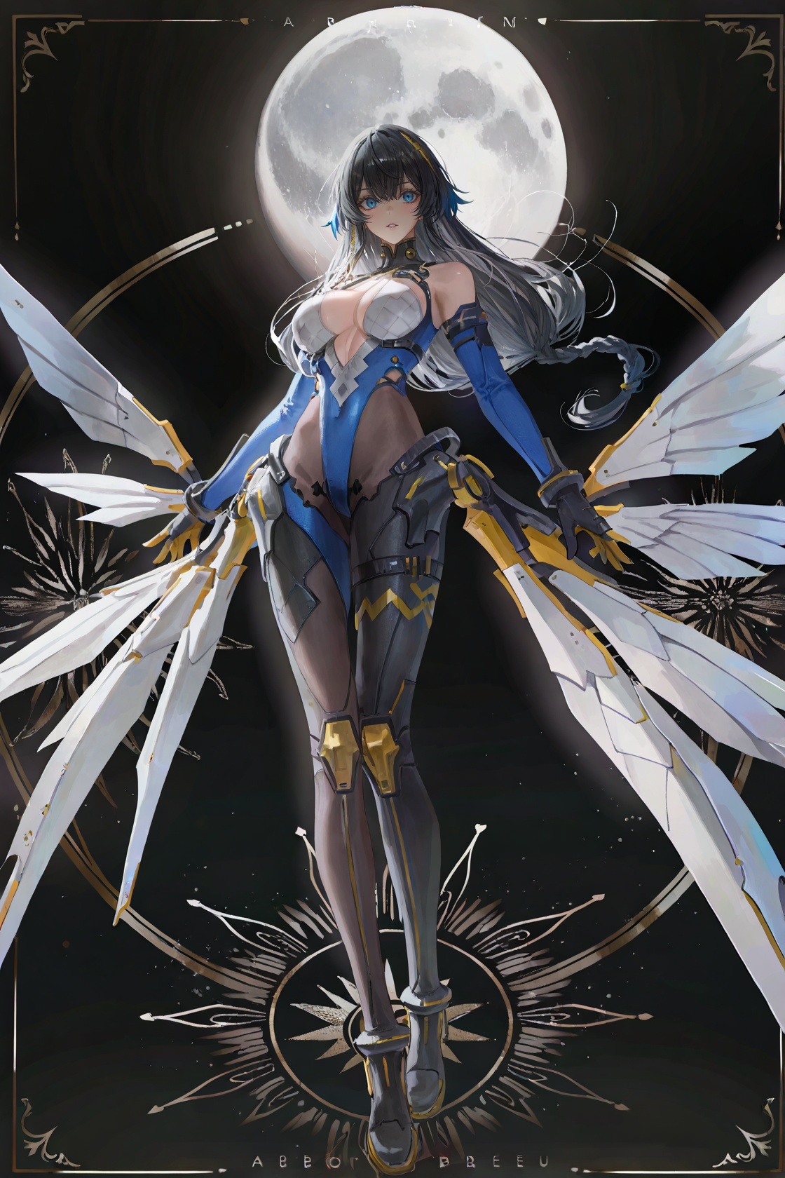 ((artist:betabeet)), artist:john_kafka, artist:nixeu, artist:quasarcake, (by xilmo, by modare, by reoen:1.1), (hyperrealistic:1.1), (high_contrast:1.1), (holy_(\theme\):1.2), (card_\(theme\):1.1), solo, long hair, fur trim, large breasts, (black-color-scheme:1.1), character card, abstract sun, moon and stars, thick line, murals, holy light, mural moon, simple black background, angels come, stars, card border, frame pattern, <lora:Katya-noob-Tanger:0.8>, katya, katya-def, 1girl, black hair, blue eyes, breasts, long hai, katya-def clothes, gloves, bodysuit, simple_background, full body, 