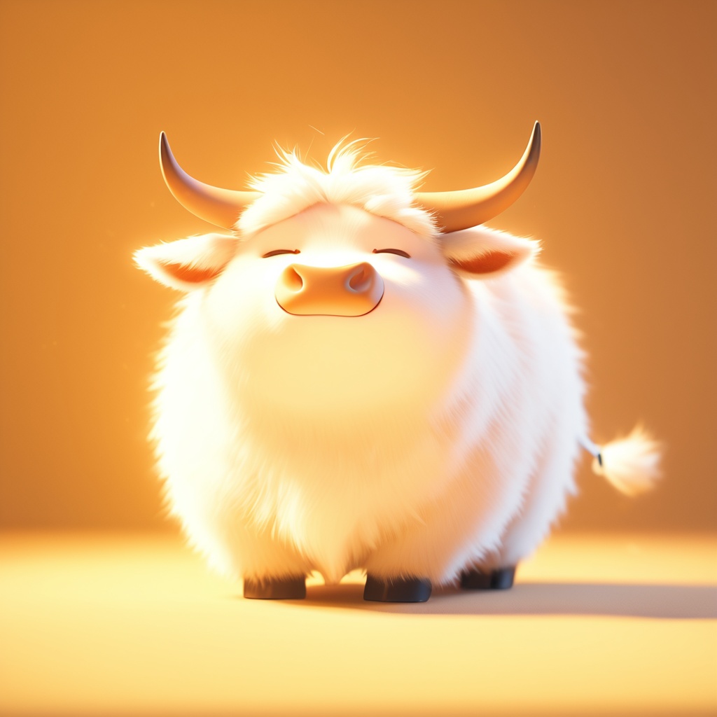 chouniu, cow, soft lighting, ^ ^, cc-color-correction, whimsy and dramatic lighting, white fur, warm colors, mf-movie-filter, cute, no humans, solo, closed eyes, fluffy, full body, cow focus, horns, cow tail<lora:shengxiao_xl:0.8>,