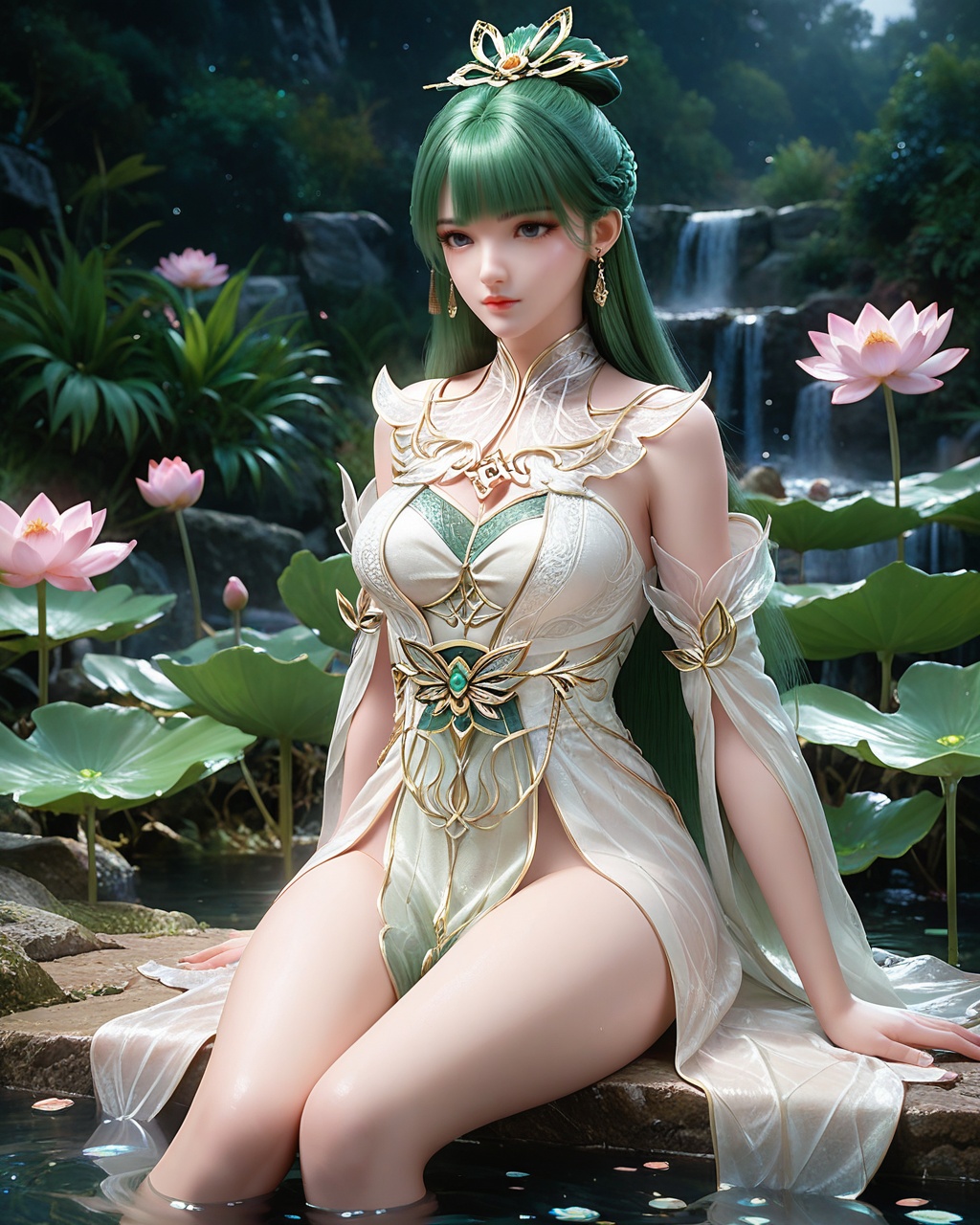 score_9,score_8_up,score_7_up,1girl,long hair,breast,medium breast,earrings,hair_ornament,dress,green hair,thick_thighs,<lora:wy_fuqu_XL7.0:0.8>,sitting,pondel,lotus,sitting on the water,skindentation,<lora:细节B:0.5>,clear background,