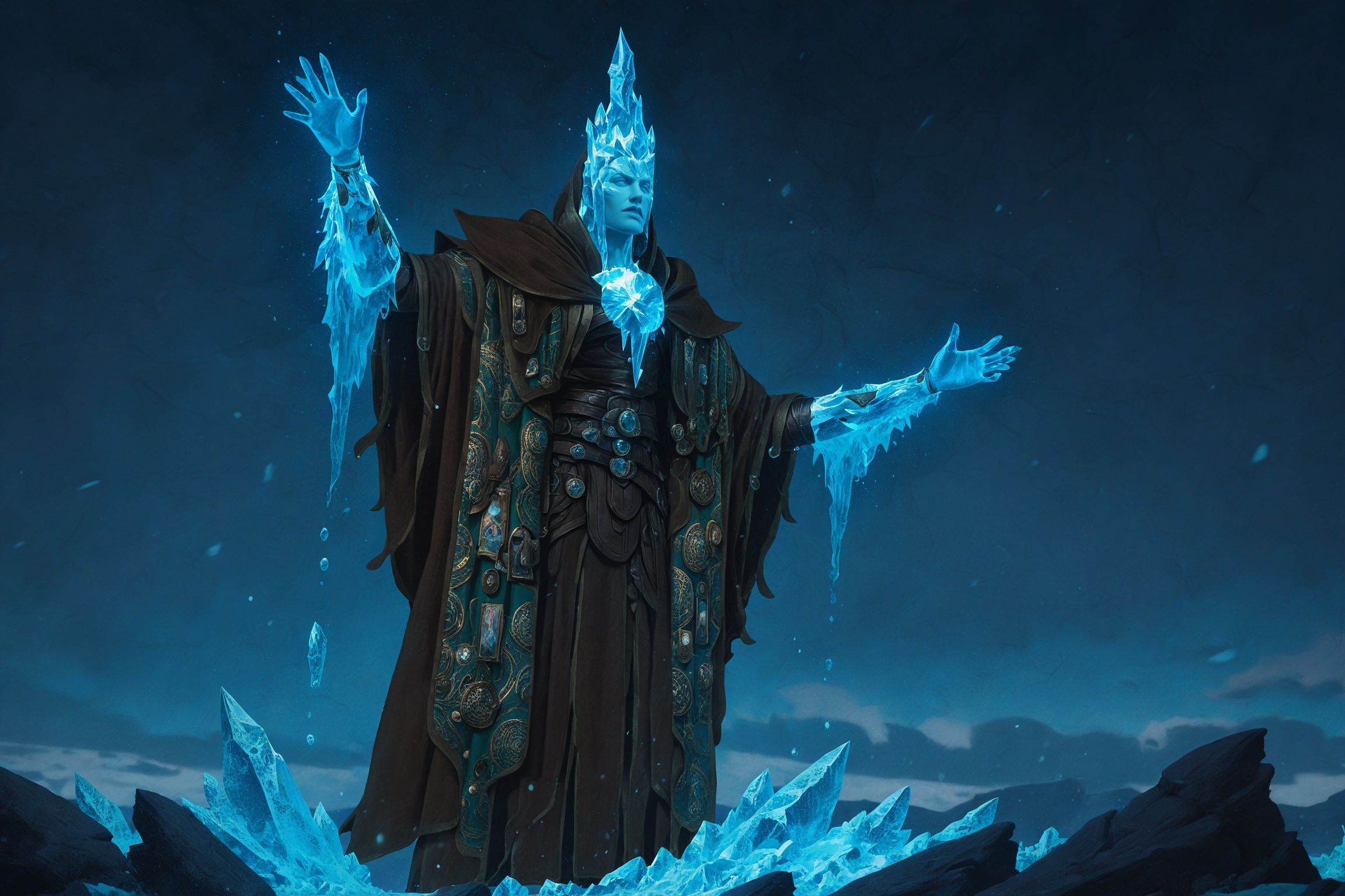 <lora:20250420-1745125512637:0.4>,<lora:lighting_sliderv1:-0.3>,<lora:绪儿厚涂构图光影质感增强V3:0.2>,Epic realistic fantasy game art,Water Elemental Mage casting powerful ice-water magic,muscular male sorcerer with glacial ice encasing his arms and legs,The clothing is adorned with magnificent decorations,gemstones,feathers,leather armor,exquisite patterns and complex designs,swirling liquid water magic orbiting around frozen limbs,intricate runic tattoos glowing blue on skin,tattered arcane robes with frost patterns,The background is the river in the mountains. Blue background,The surging tide,Magic: The Gathering style,medieval court mages,hyperrealism,hyper-detailed armor with liquid crystal textures,dynamic magic energy particles,dramatic chiaroscuro lighting,MTG card art style by Raymond Swanland and Jesper Ejsing,8k resolution,photorealistic textures,sharp focus,vibrant cold color palette with azure and cobalt accents,The background is the seaside,epic lighting,ultra detail,western dark fantasy realistic style,concept art,cinematic atmosphere,