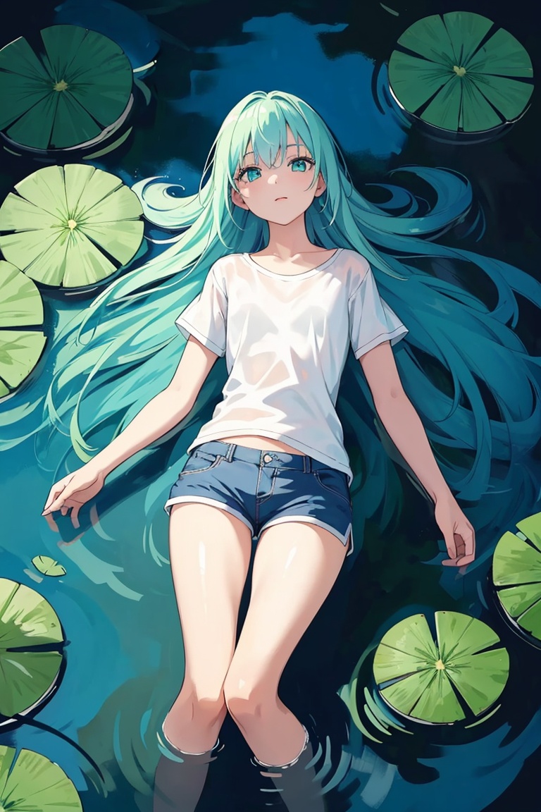 1girl,  long cyan hair,  laying in water on Tensor.Art