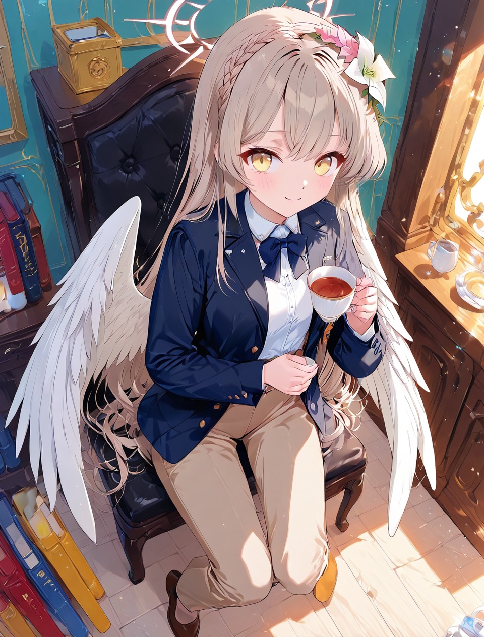 O,nagisa (blue archive),nagisa (blue archive),1girl,halo,long hair,cup,solo,hair flower,hair ornament,wings,flower,sitting,yellow eyes,white background,looking at viewer,simple background,smile,holding,chair,feathered wings,teacup,full body,holding cup,very long hair,jacket,pants,brown footwear,white wings,long sleeves,bangs,light brown hair,angel wings,open clothes,sweater,closed mouth,stool,brown pants,brown hair,(UHD),anatomically correct,accurate,textured skin,super detail,high details,award winning,best quality,high quality,retina,HD,16k,1080P,