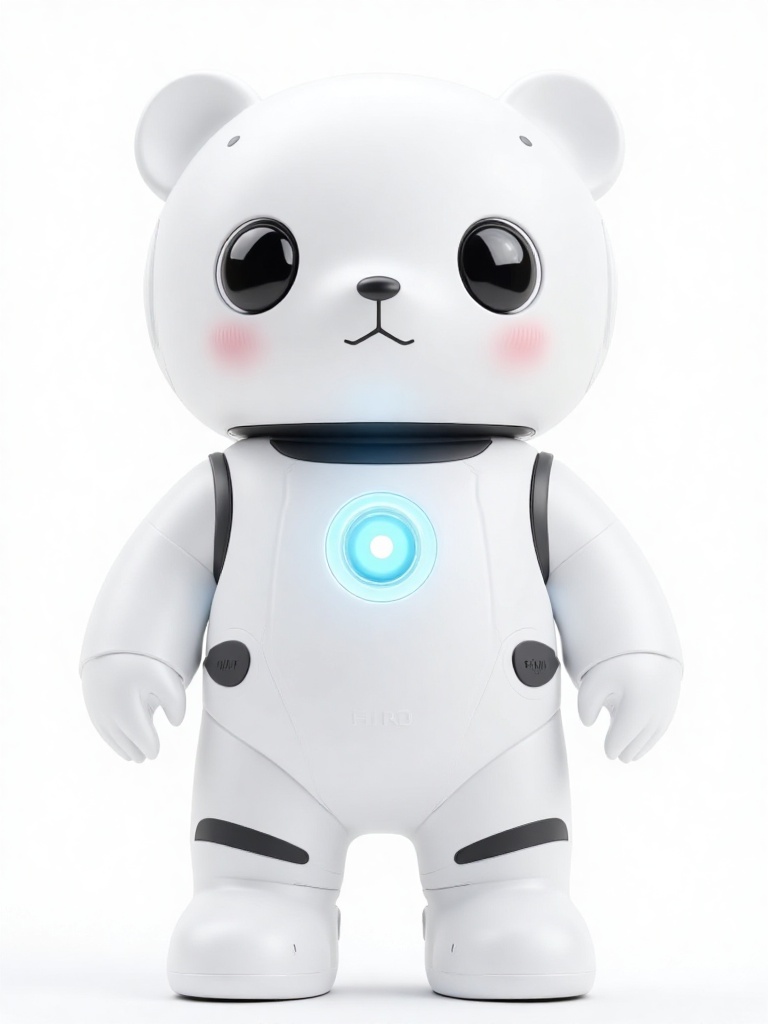 HIRO,A CGI-rendered image of a cute,anthropomorphic white bear robot with large,round black eyes,a small black nose,and a blushing expression. The robot has a sleek,glossy white body with black accents and a glowing blue circular panel on its chest. It stands against a plain white background.,