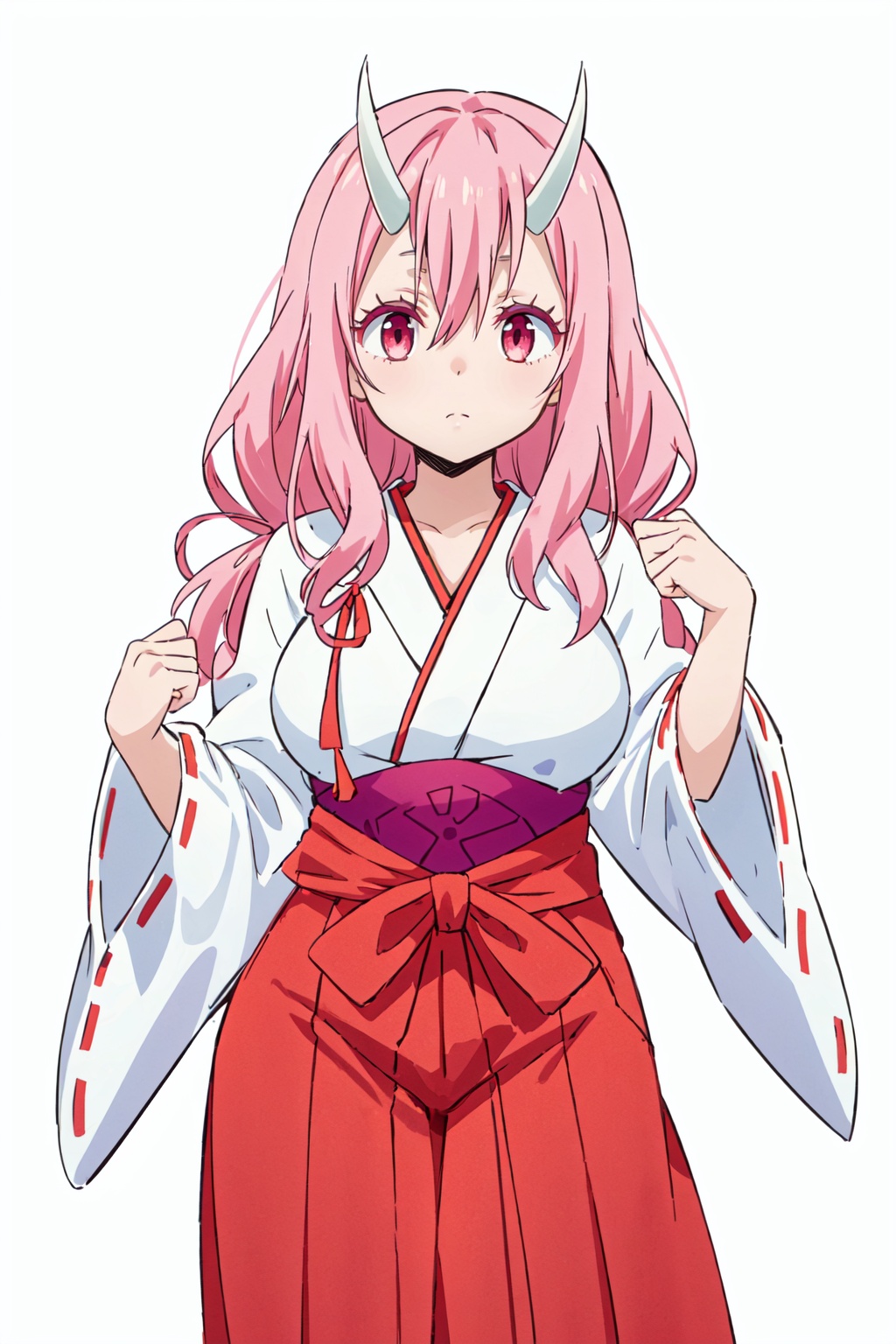 1girl,looking at viewer,solo,oni,horns,pink hair,long hair,hair between eyes,red eyes,pink eyes,miko,japanese clothes,red hakama,ribbon trim,ribbon-trimmed sleeves,hakama,white kimono,skirt,kimono,collarbone,wide sleeves,long sleeves,hakama skirt,red ribbon,breasts,ribbon,<lora:Shuna:0.8>,Shuna_CYQL,full_shot,beautiful face,beautiful eyes,glossy skin,shiny skin,white background,simple background,posing in front,masterpiece,best quality,beautiful and aesthetic,contrapposto,female focus,wallpaper,fashion,