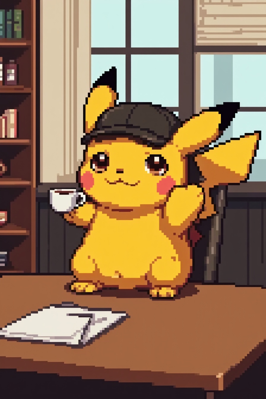 style of aziib_pixel,  Selfie of Pikachu in an office,  holding a cup of coffee on Tensor.Art