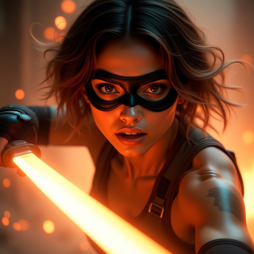 This is a high-quality,  digitally-rendered photograph of a young woman in a dynamic,  action-oriented pose. She has mediu...