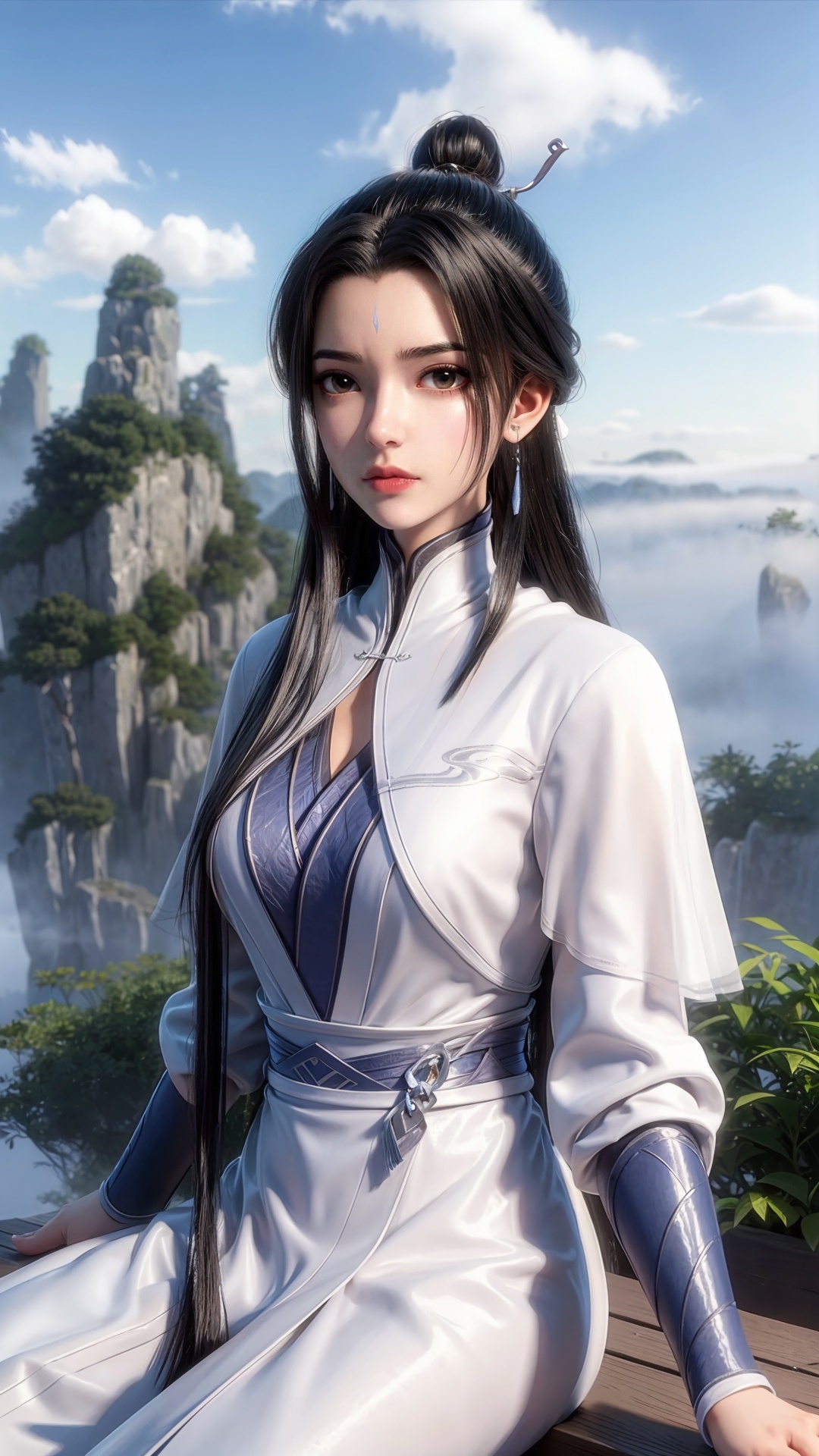 <lora:add_detail细节增加:0.7>,<lora:MHB:0.3>,1girl,solo,tassel,long sleeves,chinese clothes,outdoors,long hair,black hair,sky,day,jewelry,earrings,hair ornament,blue sky,hair bun,half updo,cloud,mountain,cloudy sky,single hair bun,very long hair,forehead mark,facial mark,black eyes,hair stick,fog,floating island,architecture,cliff,long_legs,(looking_at_viewer:1.2),sitting,thin,<lora:luxueqi:0.65>,solo_focus,