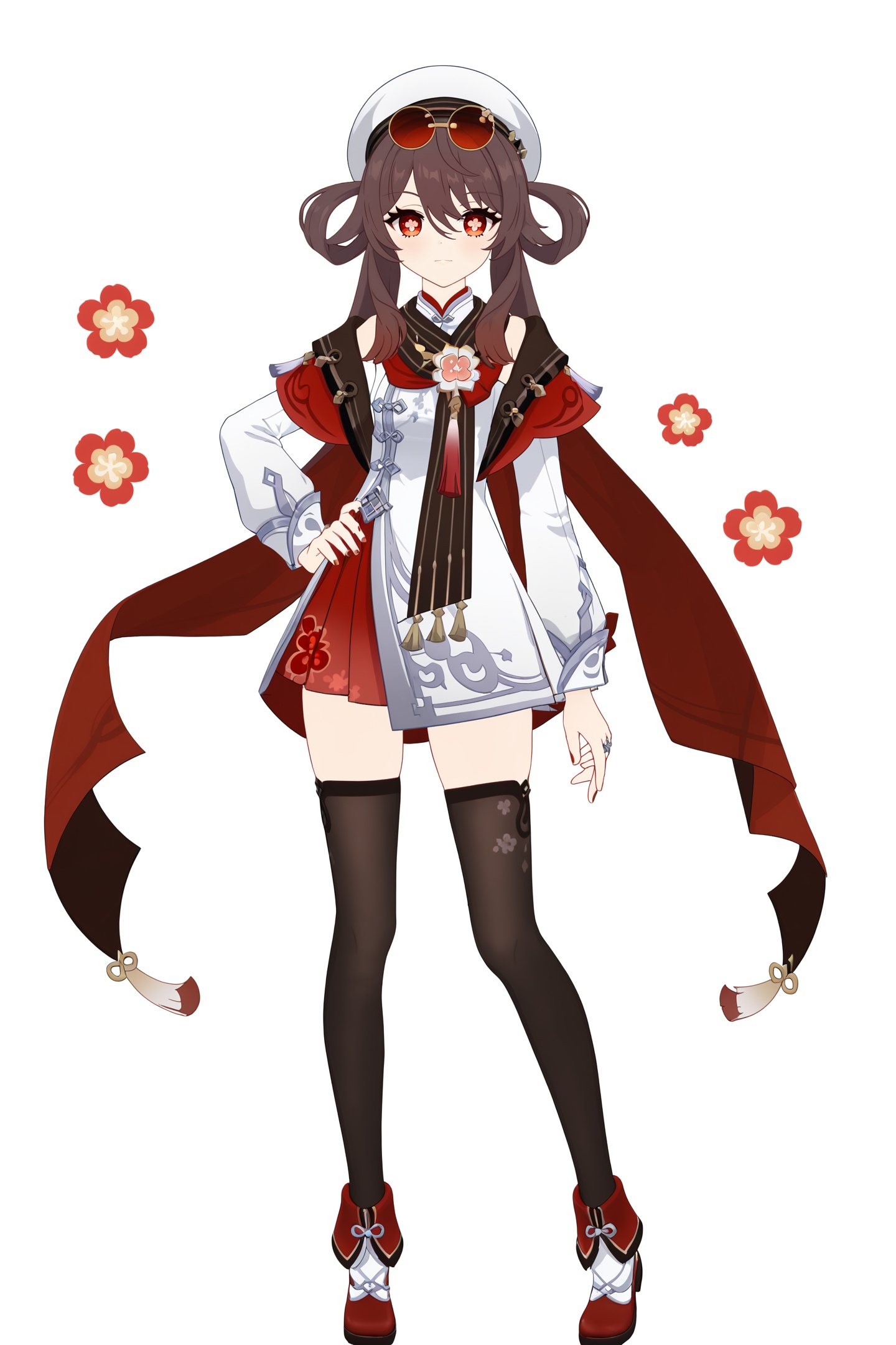 score_9,score_8_up,score_7_up,score_anime,8k,best quality,masterpiece,(ultra-detailed),(high detailed skin),(by nanoless, by misumi \(macaroni\),:0.5),<lora:YLI 0.1v:0.25>,<lora:style1:0.25>,A full-body portrait of a young girl,standing gracefully,pastel art style,high-key lighting,shoujo manga influence,hd quality,delicate details,full body,full shot,standing,looking at viewer,(solo:1.2),simple background,white background,hand on own hip,<lora:huxiang-pony-Tanger-000018:0.8>,hu tao \(cherries snow-laden\) \(genshin impact\),clothes:cherries snow-laden,flower-shaped pupils,1girl,white hat,long hair,symbol-shaped pupils,scarf,hair rings,black thighhighs,red eyes,sunglasses,brown hair,long sleeves,zettai ryouiki,hair between eyes,