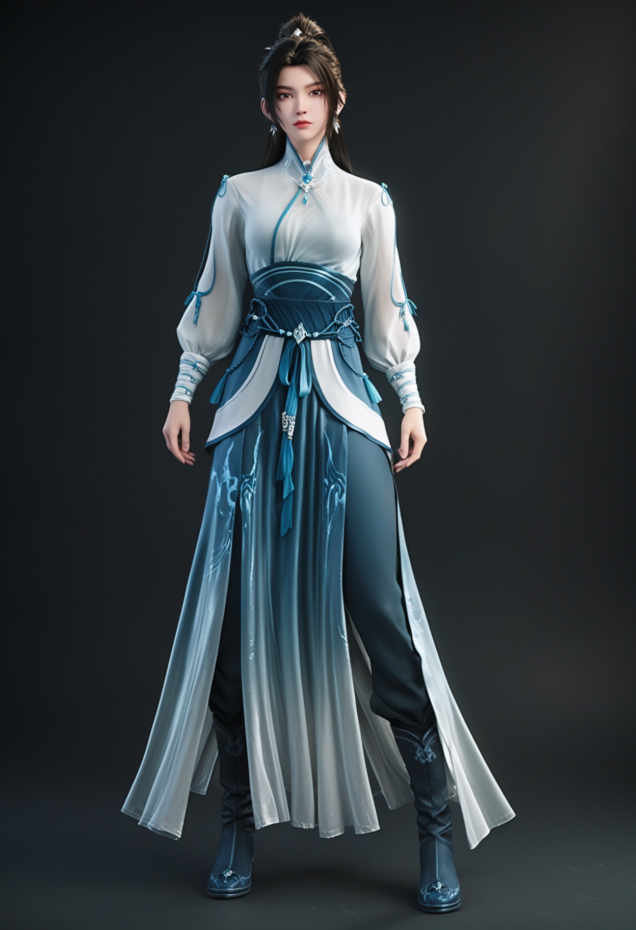 (standing full_body:1.1),(score_9:1.2),(score_8_up:1.2),(top quality, 8k wallpaper:1.1),(masterpiece:1.1),(best quality:1.2),(intricate details),8k,1girl,facing viewer,(looking at viewer:1.1),<lora:YQpony_BX_ningyaoV4:0.95:lbw=1,1,1,1,1,1,1,1,1,0.8,0.8,0.1>,q1528437228,solo,1girl,long_hair,black_hair,jewelry,earrings,chinese_clothes,ponytail,dress,long_sleeves,realistic,sash,brown_eyes,brown_hair,hair_ornament,white_dress,hair_tie,see-through,hair_bun,pants,see-through_sleeves,ribbon,boots,breasts,tassel,gem,puffy_long_sleeves,sheathed,blue_dress,skirt,shirt,white_shirt,china_dress,black_footwear,puffy_sleeves,single_hair_bun,tassel_earrings,black_eyes,bracelet,long_skirt,makeup,BREAK(score_9:1.2),(score_8_up:1.2),masterpiece,best quality,very aesthetic,perfect anatomy,(hourglass),perfect face,(simple background,pure black background,black background:1.1),fair_skin,(shiny_skin:1.1),Ivory_skin,