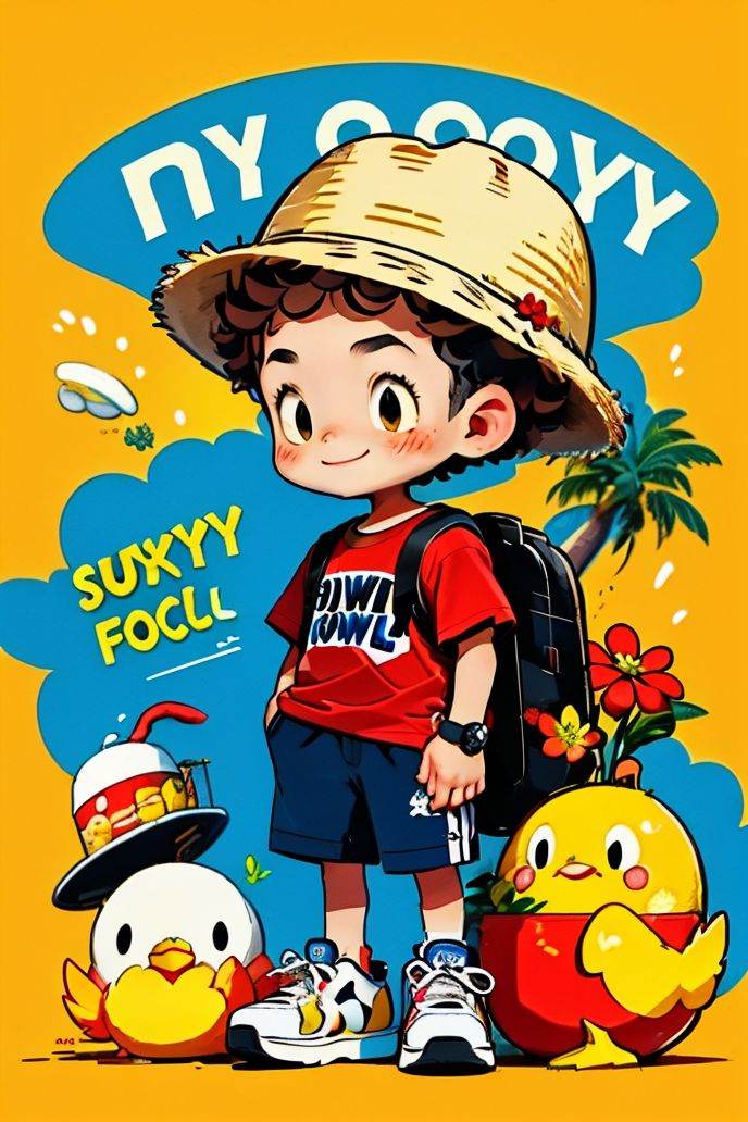 graffiti, 1boy, animal, apple, backpack, bag, banana, bird, black eyes, black hair, blush, bunny, chibi, chick, chicken, crab, duck, flower, food, fruit, hat, kirby, leaf, looking at viewer, male focus, manjuu \(azur lane\), octopus, palm tree, penguin, pikachu, plant, potted plant, red flower, red shirt, rubber duck, seashell, shell, shirt, shoes, short sleeves, shorts, simple background, smile, sneakers, solo, standing, star \(symbol\), starfish, straw hat, turtle, water, watercraft, watering can, watermelon, yellow flower<lora:graffiti-bg-style-v1.0:1>