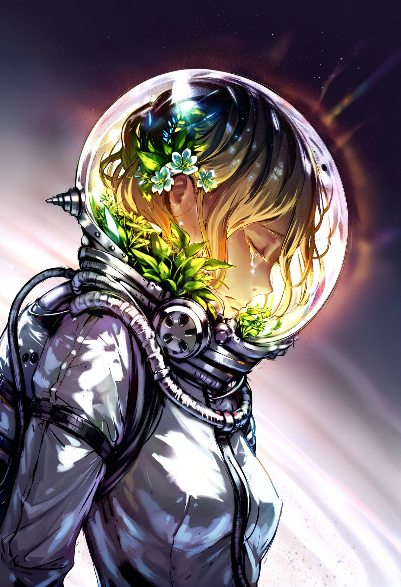 masterpiece, best quality,1girl,   closed eyes, solo, profile, spacesuit, flower, upper body, helmet, green hair, short hair, from side, tube, grey cloak, spine, crying, closed mouth, ribs, gloves, lens flare, white gloves, tears, space helmet, from below, hair flower, green flower, android, space, glint, star \(sky\), hair ornament, wire, crystal shard <lora:YuuXLlokr8f-000186:0.95>