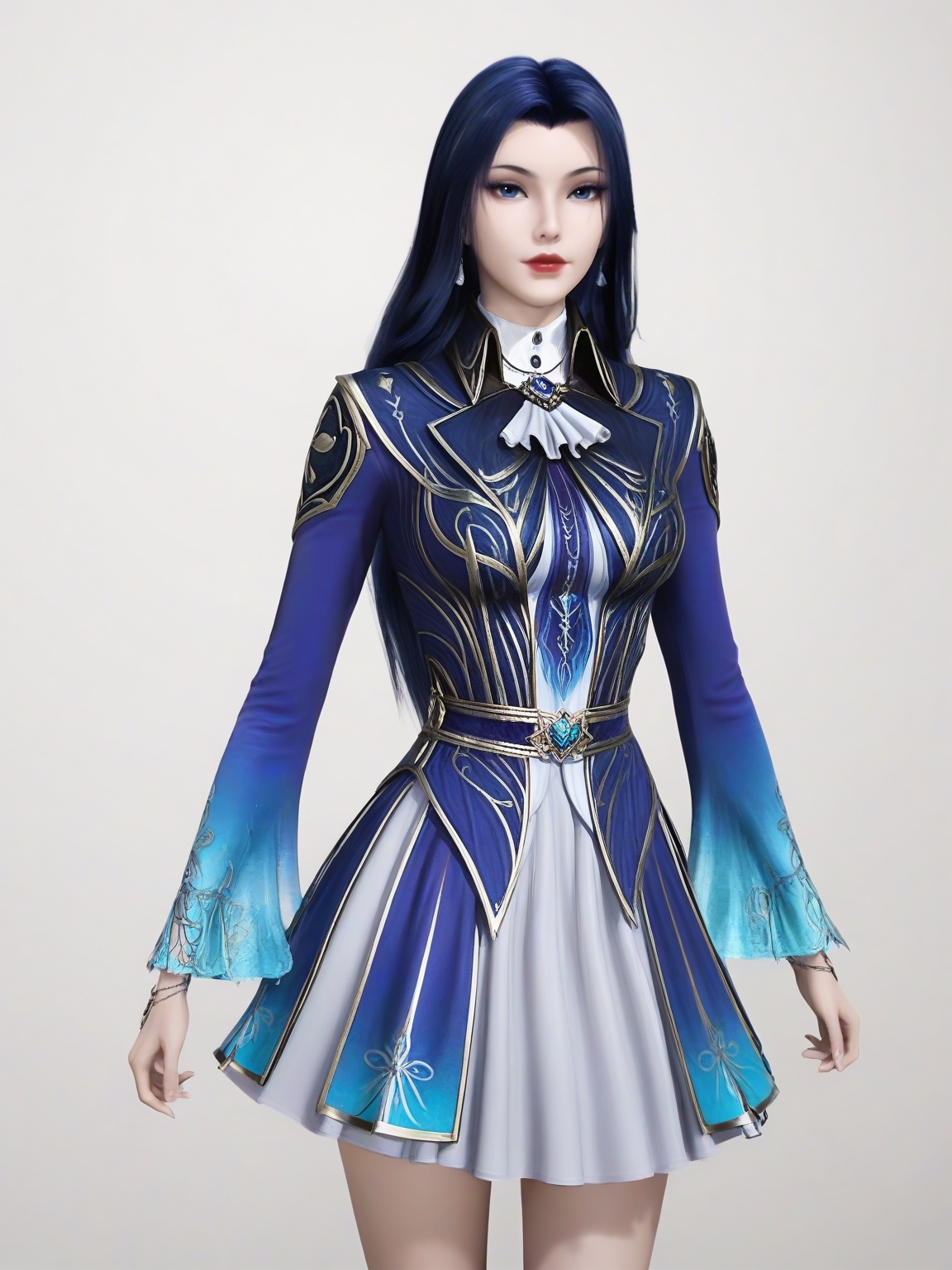 score_9,<lora:SF_LingLuoChen_Pony_Realism2.3-000004:0.7>,1girl,breasts,standing,eyelashes,lipstick, solo,long hair,skirt, dress,jewelry,long sleeves,looking at viewer,white background,simple background,