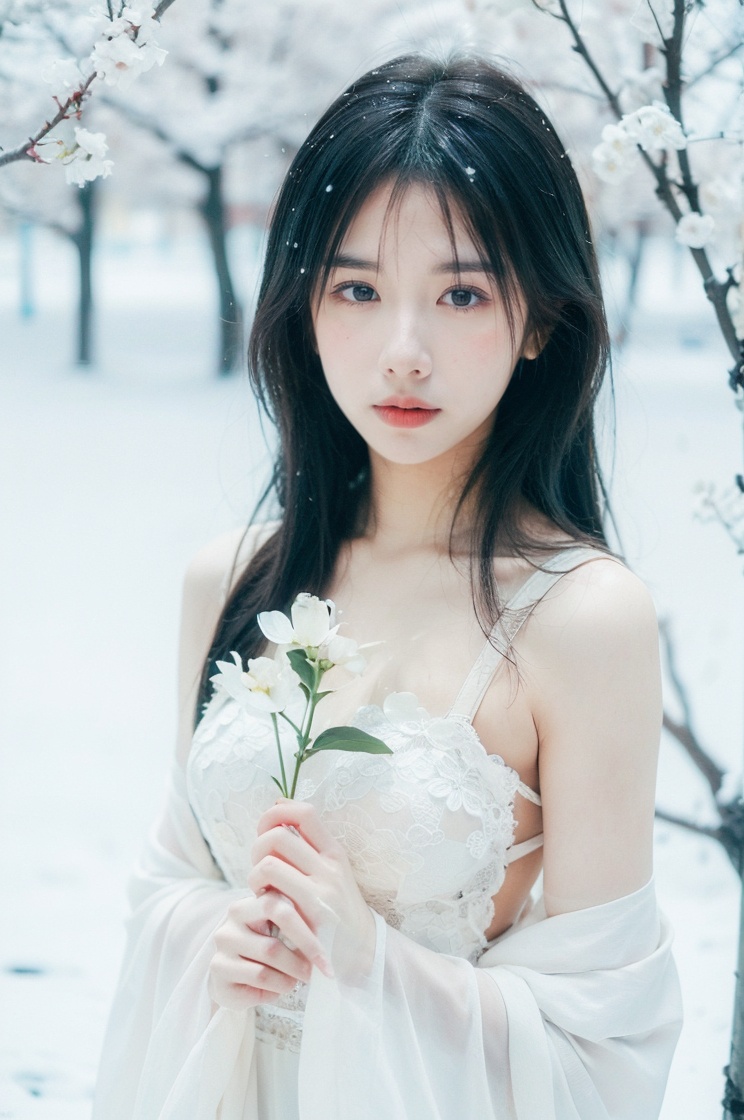 best quality,masterpiece,ultra high res,snowing,with plum blossoms next to her <lora:13guojiang_lora:1>