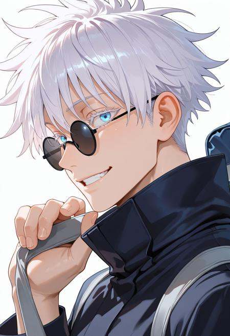 masterpiece,best quality,amazing quality, absurdres, gojou satoru, 1boy,  bag, blue eyes,  high collar,male focus, round eyewear, school bag, smile, solo, teeth, white background, white hair