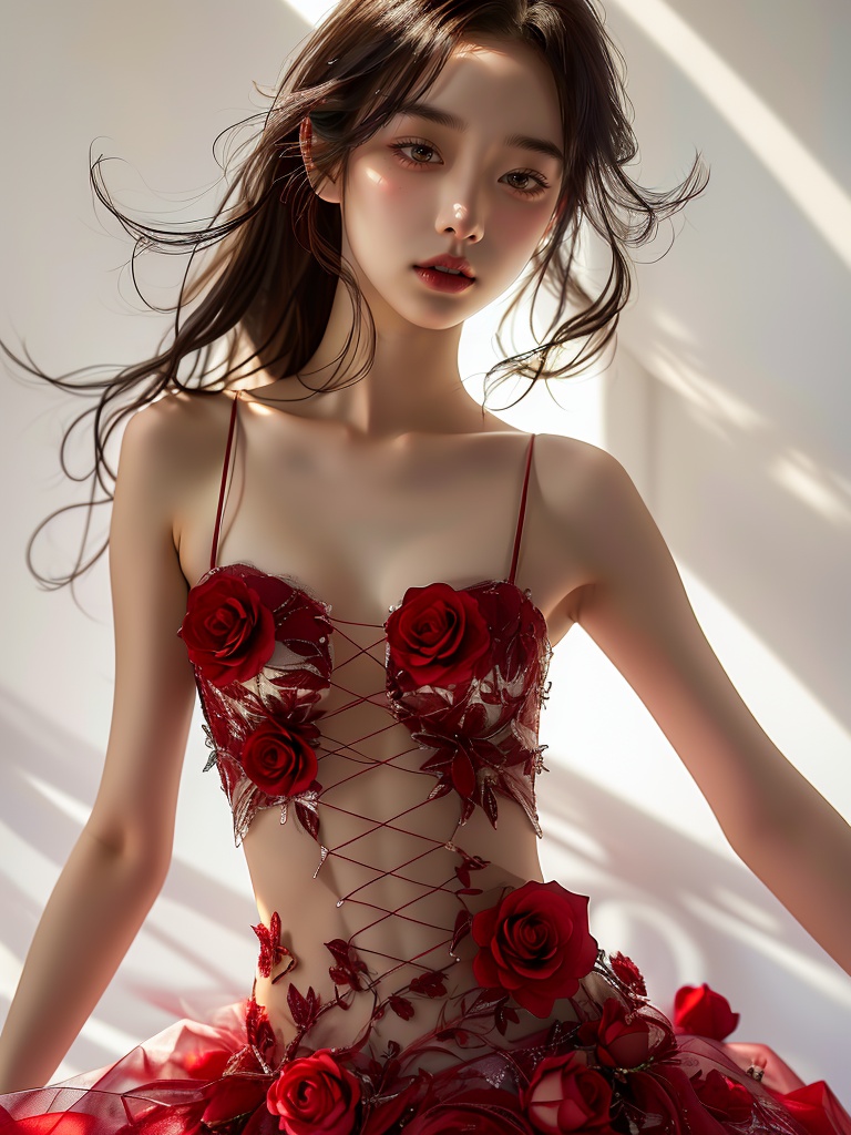 A photograph capturing a long shot of a Chinese girl full_shot,plump in a realistic full-body pose,wearing a red rose-patterned bustier dress,lit by sunlight,on a white background,<lora:Rose Girl:0.85>,<lora:FashionGirl:0.3>,, (((masterpiece))), (((best quality))), ((ultra-detailed)), Hyper Real,Photorealistic,16K,high detail,high,resolutionBest quality, masterpiece, ultra high res, (photorealistic:1.4), raw photo,