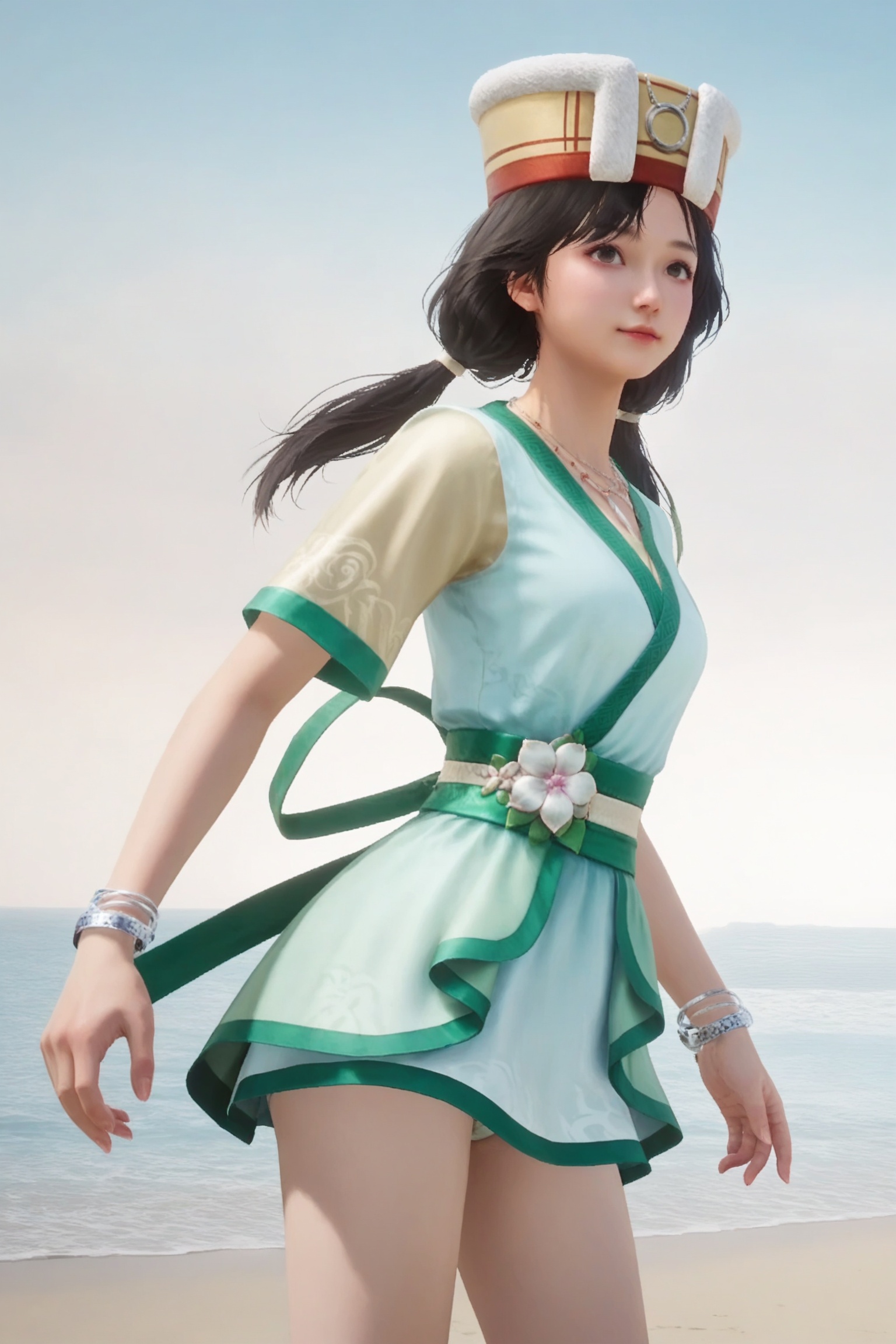 realistic style photo outstanding style,tall,cute,in her teens. Use soft lighting to cast gentle shadows on the subject,adding a touch of dimension to your images without compromising details,score_9,score_8_up,score_7_up,Seaside,beach,waves,<lora:仙剑奇侠传x联动-阿奴v5Pony:0.7>,dark brown hair is styled in two loose pigtails,wears a headpiece adorned with a red and gold,wearing a traditional kimono,which is light blue with a green sash and intricate white floral patterns.,