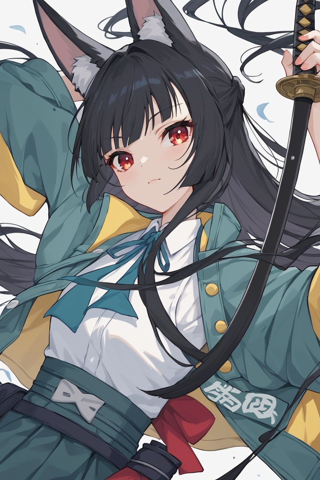1girl,<lora:lora:0.9>,Hoshimi Miyabi,score_9,katana,shirt,jacket,animal ears,