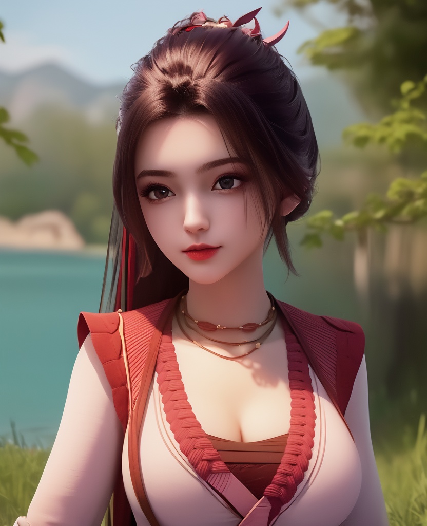 <lora:547-DA-诛仙-肖欢:0.8>(,1girl, ,best quality, ),looking at viewer,  ,ultra detailed 8k cg, ultra detailed background,  ,masterpiece, (( , )) , lake,upper body,   (cleavage), (),