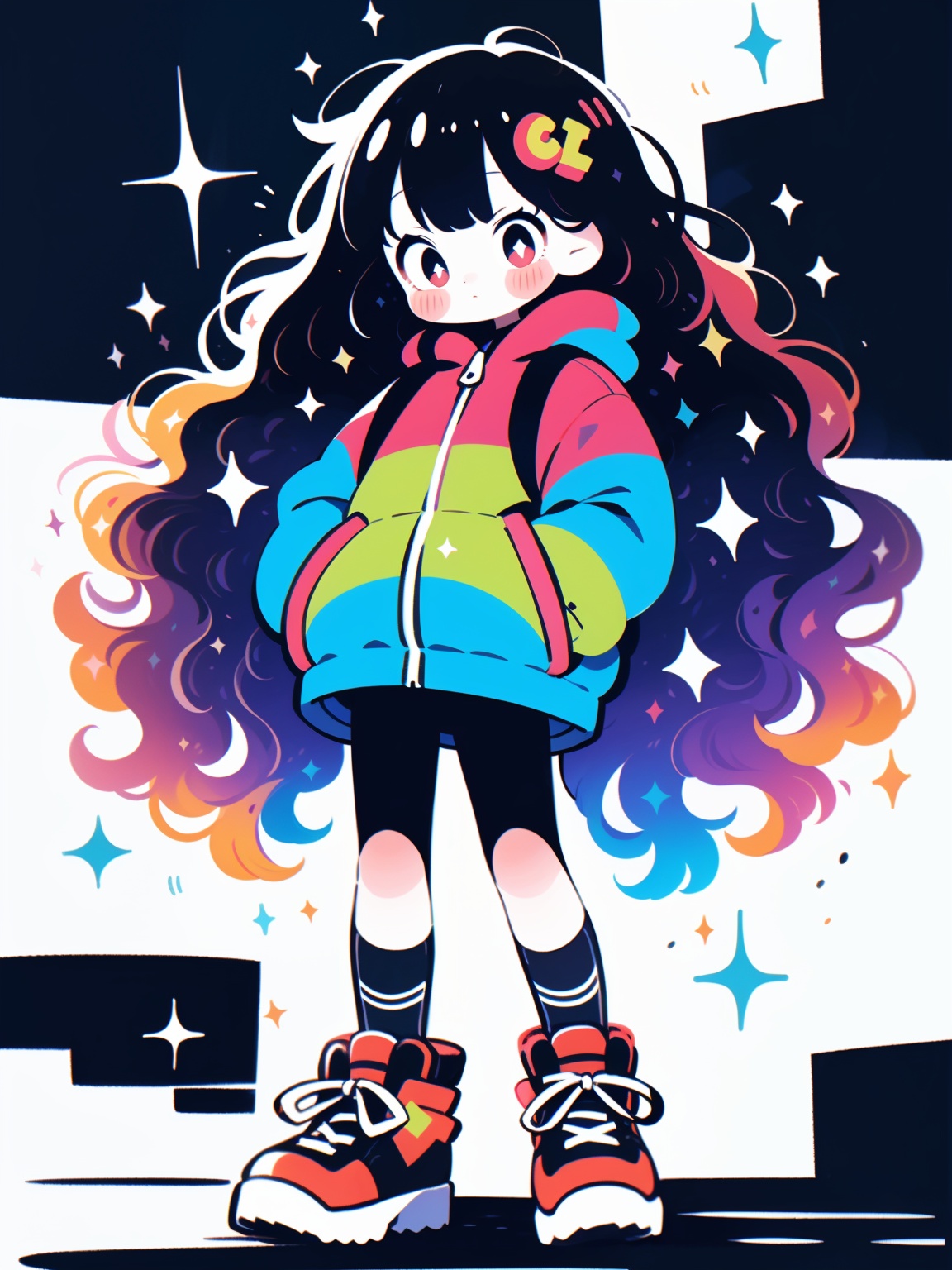 HTTP, 1girl, solo, long hair, sparkle, white background, shoes, full body, hands in pockets, jacket, socks, standing, bangs, very long hair, blush, multicolored hair, long sleeves<lora:HTTP_20231126194709-000006:1>